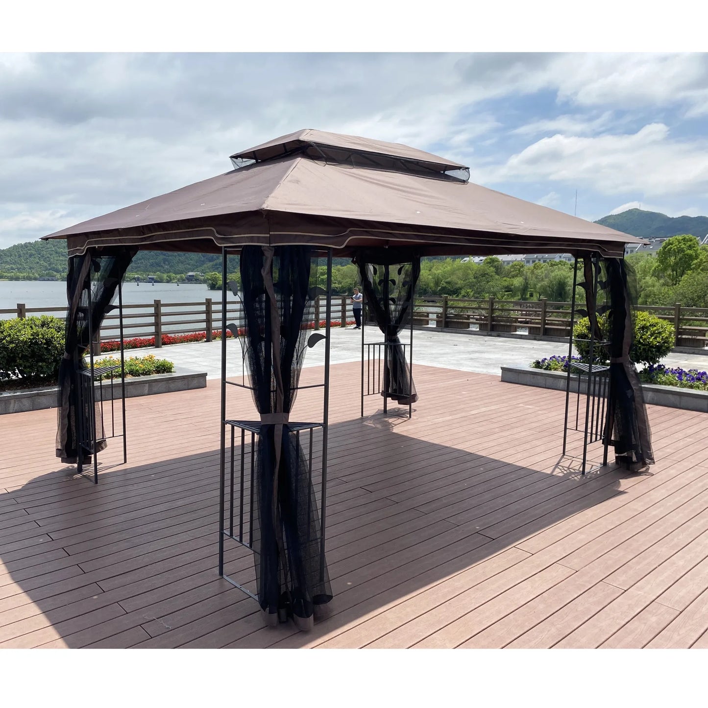 13 x 10 ft Patio Gazebo Tent with Ventilated Double Roof and Mosquito Net, Brown Canopy for Backyard or Garden – view 10