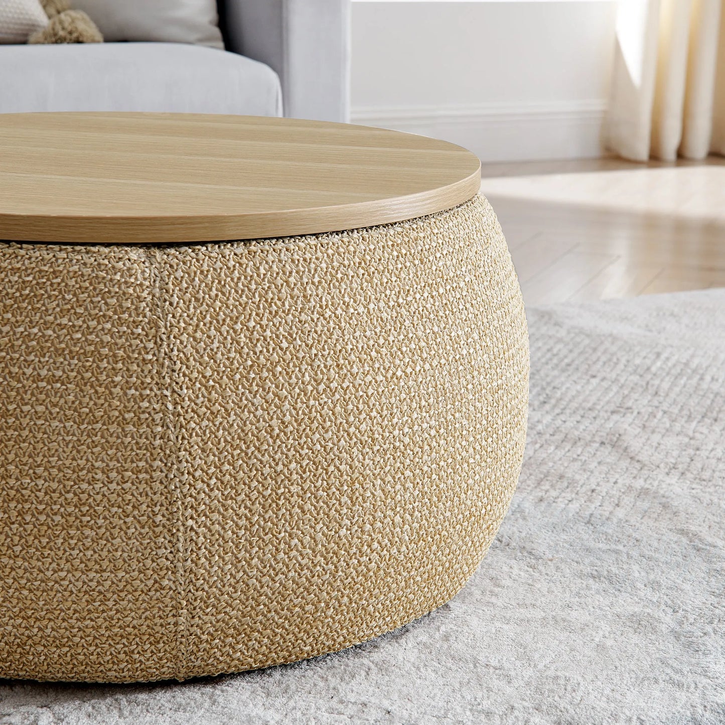 Woven Rattan Fabric Round Storage Ottoman with 2-in-1 Function as End Table and Ottoman, Dark Yellow, 25'x25'x14.7' – view 10