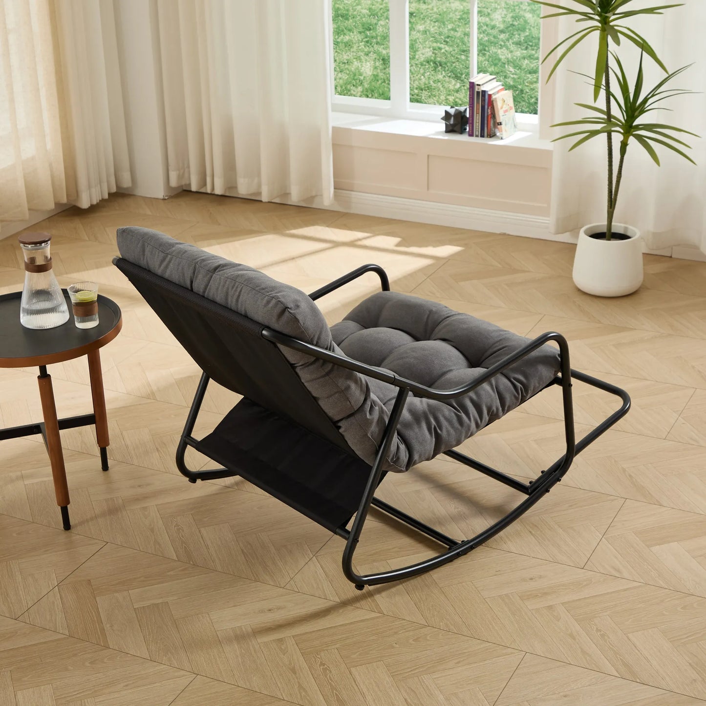 Outdoor Rocking Chair, Comfy Cushion, with Soft Thick Cushion,for Living Room, Bedroom, Reading Room, Black Frame with Grey Cushion – view 10