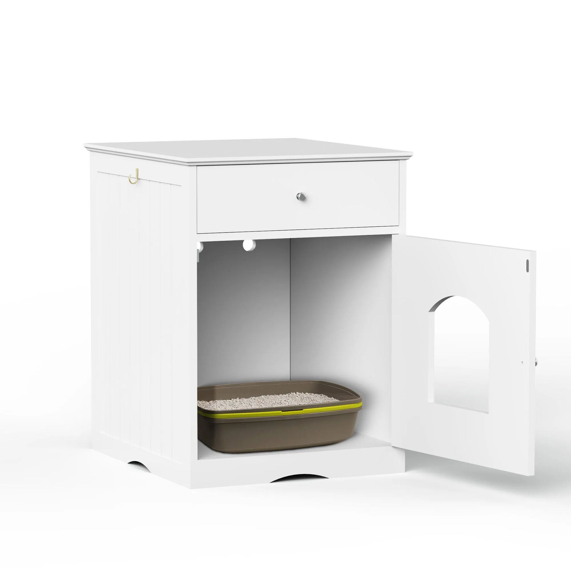 White Wooden Pet House Cat Litter Box Enclosure with Drawer and Side Table, Indoor Cat Home Nightstand for Small Cats, MDF Construction, 18.9'' W x – view 10