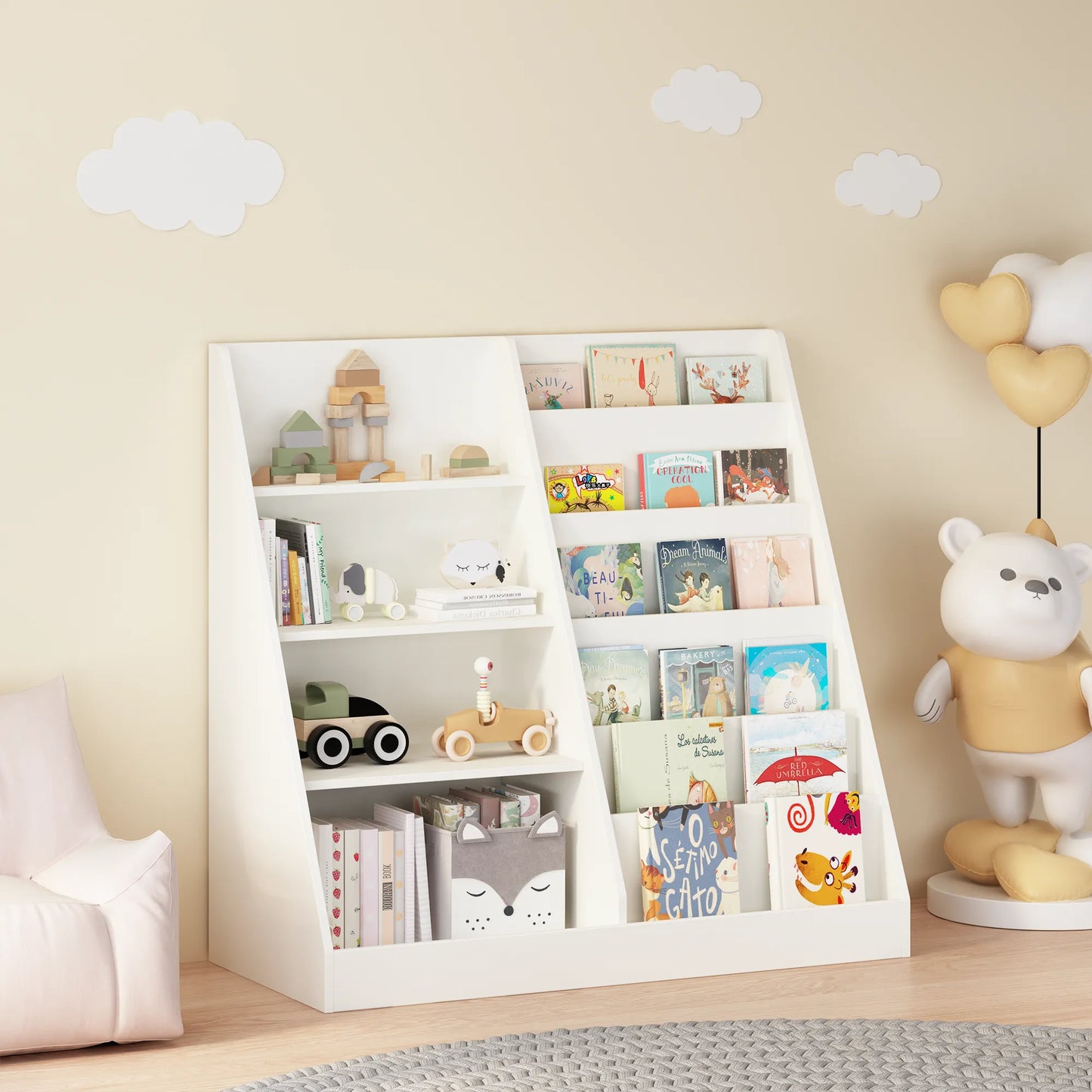 Kids Bookshelf and Toy Storage Organizer, Multifunctional 4-Tier White Wooden Bookcase with Toy Bin for Nursery, Playroom, or Kids Room – view 10