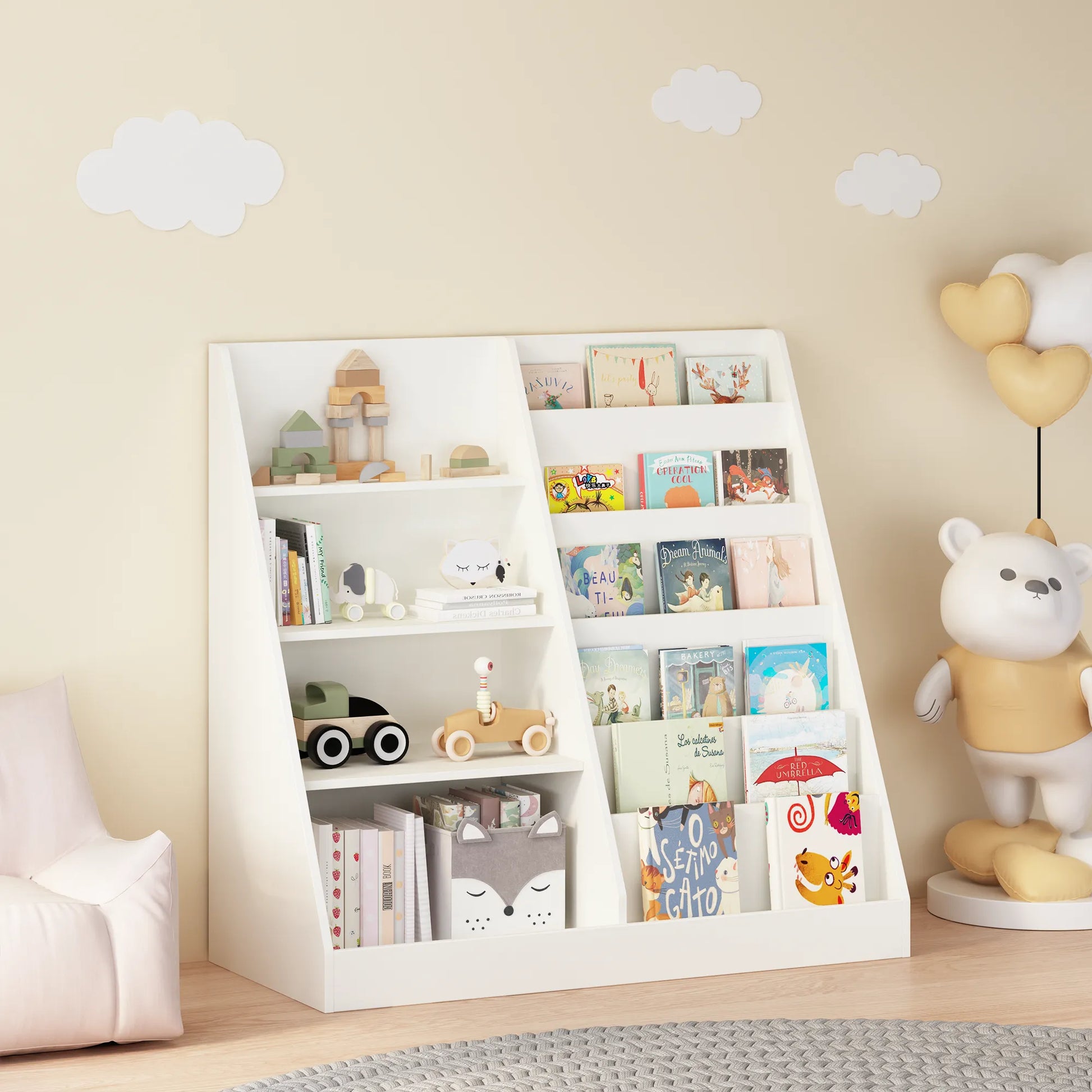 Kids Bookshelf and Toy Storage Organizer, Multifunctional 4-Tier White Wooden Bookcase with Toy Bin for Nursery, Playroom, or Kids Room – view 10