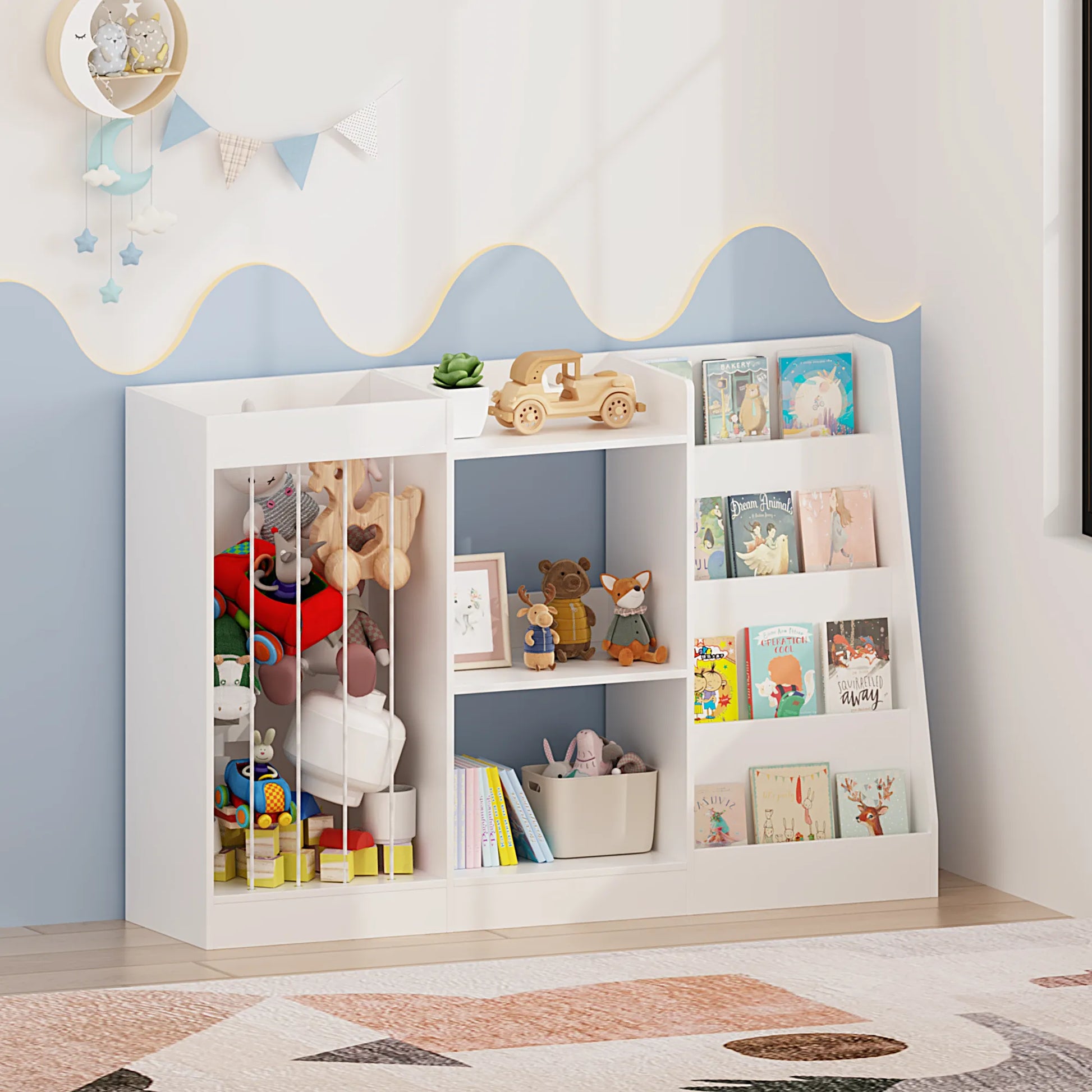 3-in-1 Kids Bookshelf and Toy Storage, 4-Tier Book Shelf for Kids Rooms, Sling Baby Bookcase with Stuffed Animal Storage, Toddler Montessori – view 10