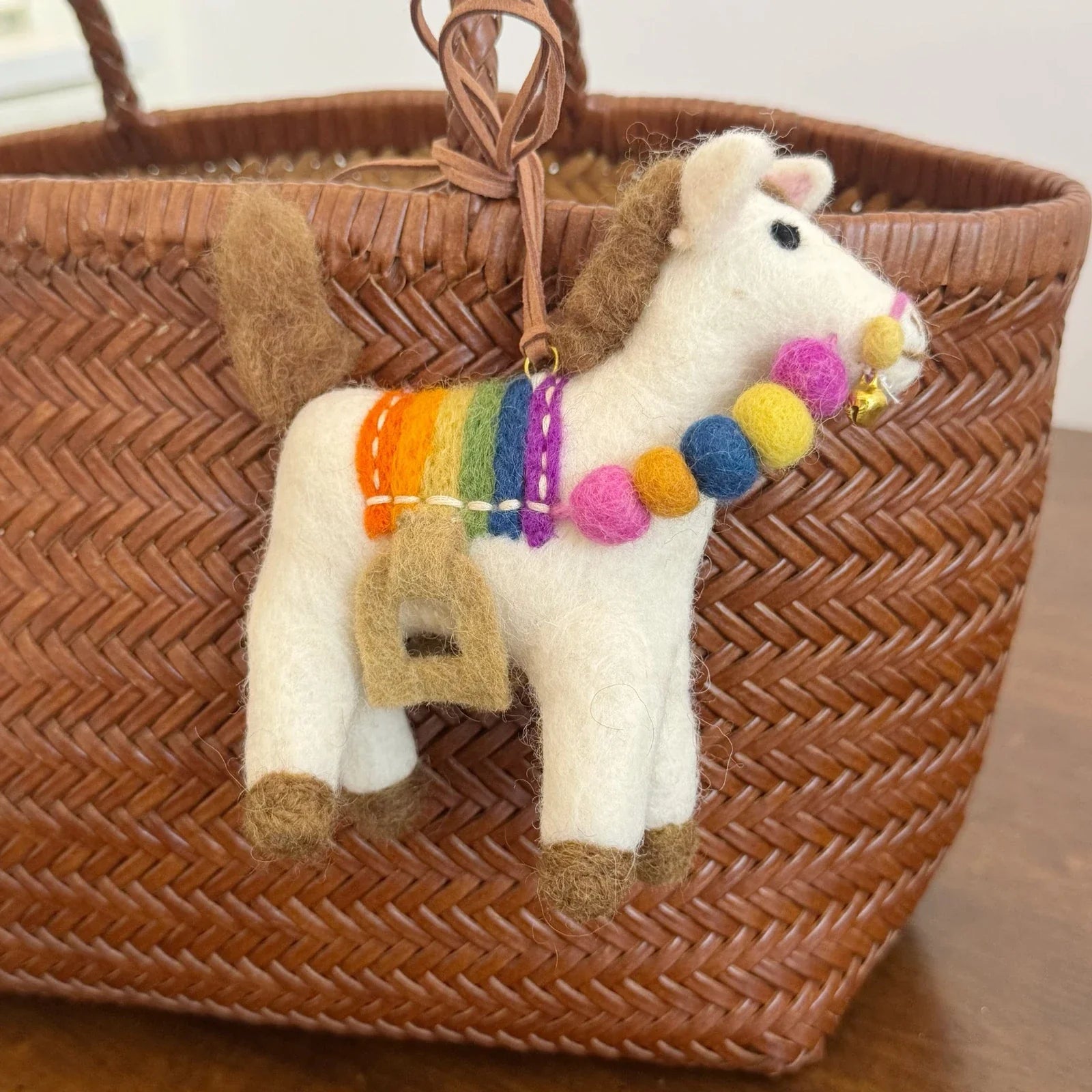 White wool felt horse charm with pom-poms