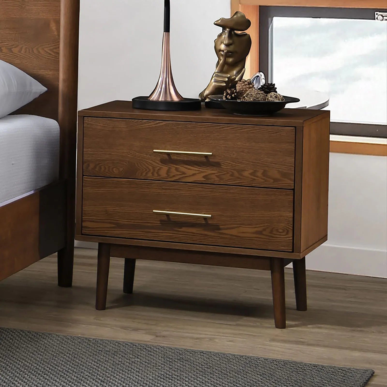 Walnut Color Panel Headboard 3pc Bedroom Set Queen Size Bed 2x Nightstands Wooden Mid-Century Modern Style – view 11