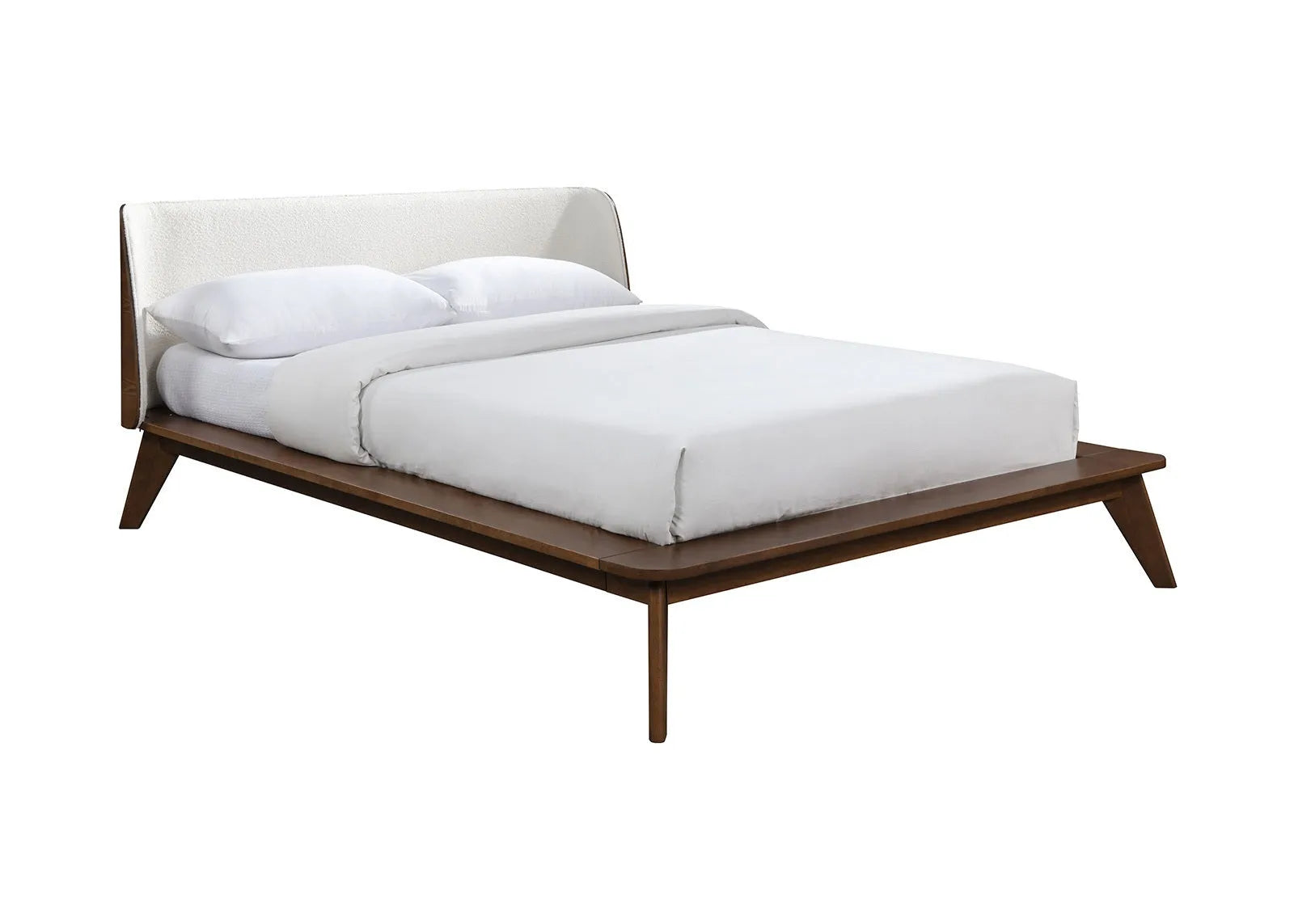 Gorgeous Walnut 3pc Bedroom Set Full Size Bed 2x Nightstands Beige Upholstered Fabric Winged Edge Panel HB Mid-Century Modern Style – view 11