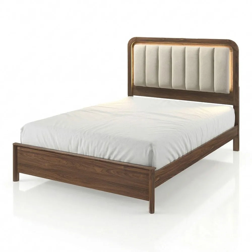 Walnut Gorgeous Queen Size Bed Nightstands Set Panel Bed HB w LED Warm Light Bedroom Set 3pc – view 11