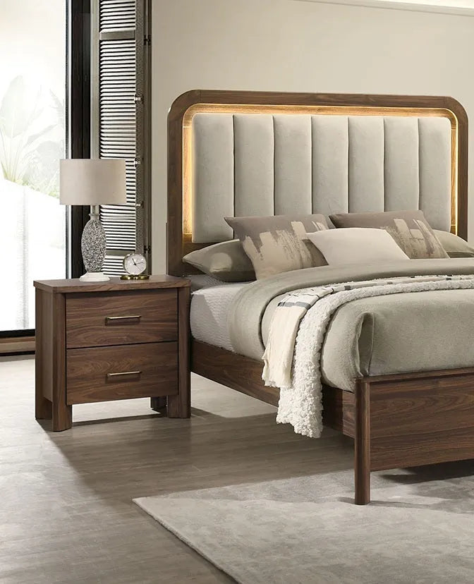 Walnut Gorgeous Eastern King Size Bed Nightstands Set Panel Bed HB w LED Warm Light Bedroom Set 3pc – view 11