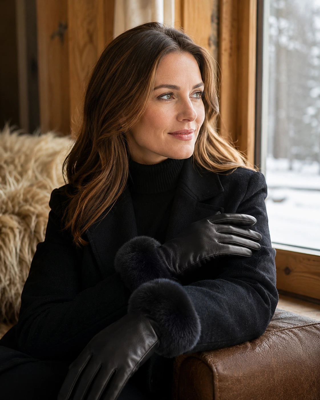 Woman wearing black leather gloves with black fur cuffs in a winter cabin