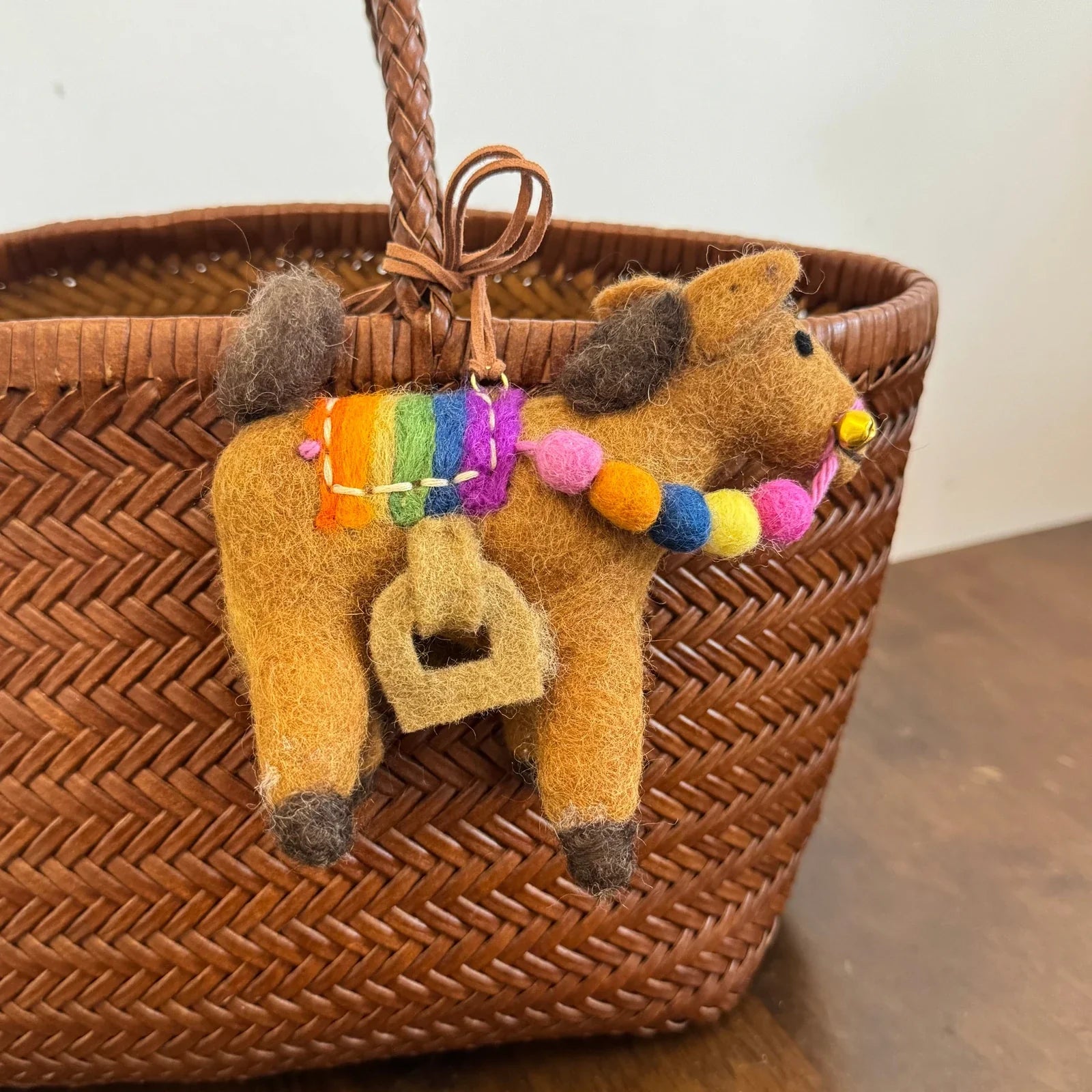 Brown wool felt horse charm with pom-poms