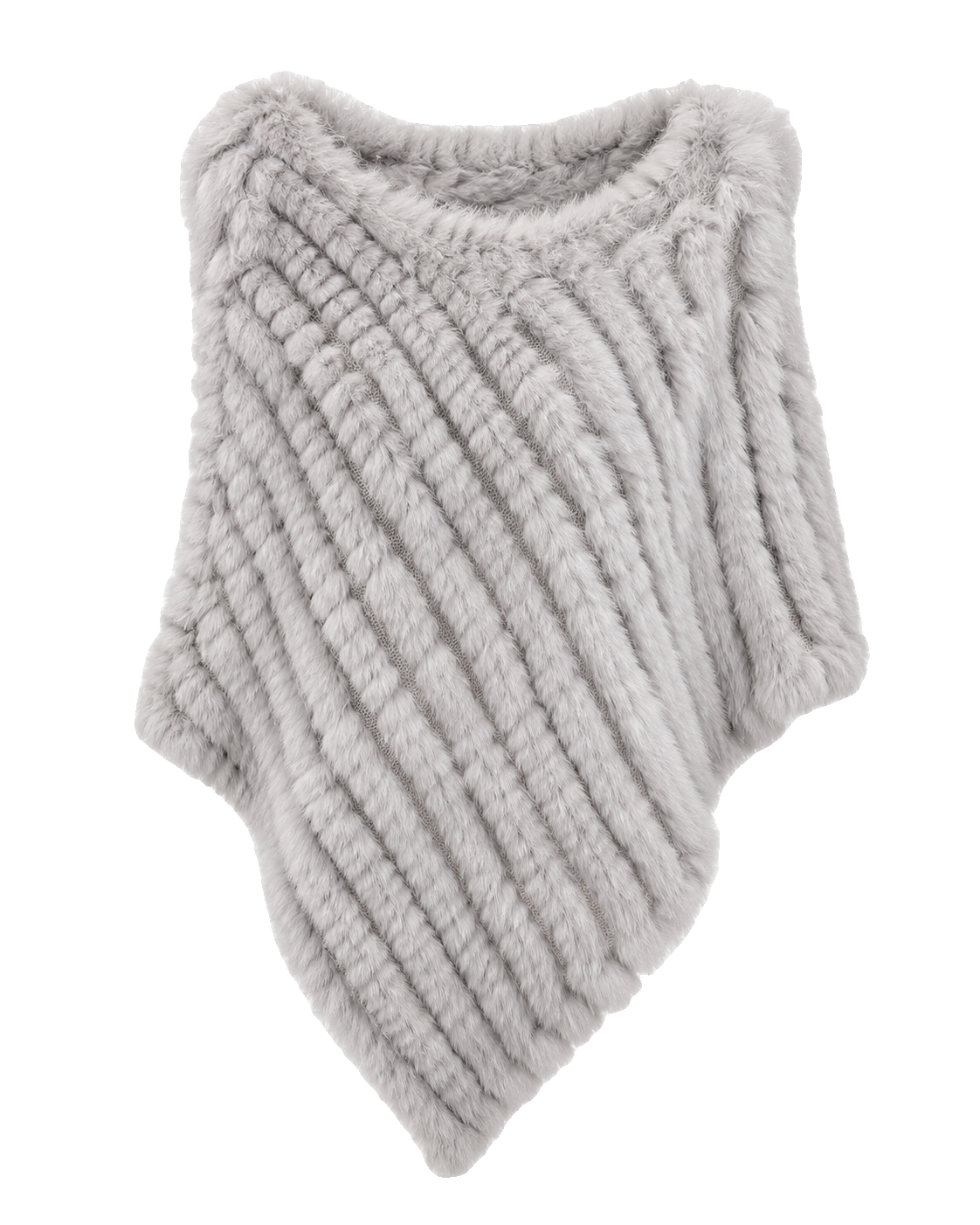 Light Gray handwoven genuine rabbit fur triangle poncho with classic knit collar on a transparent background