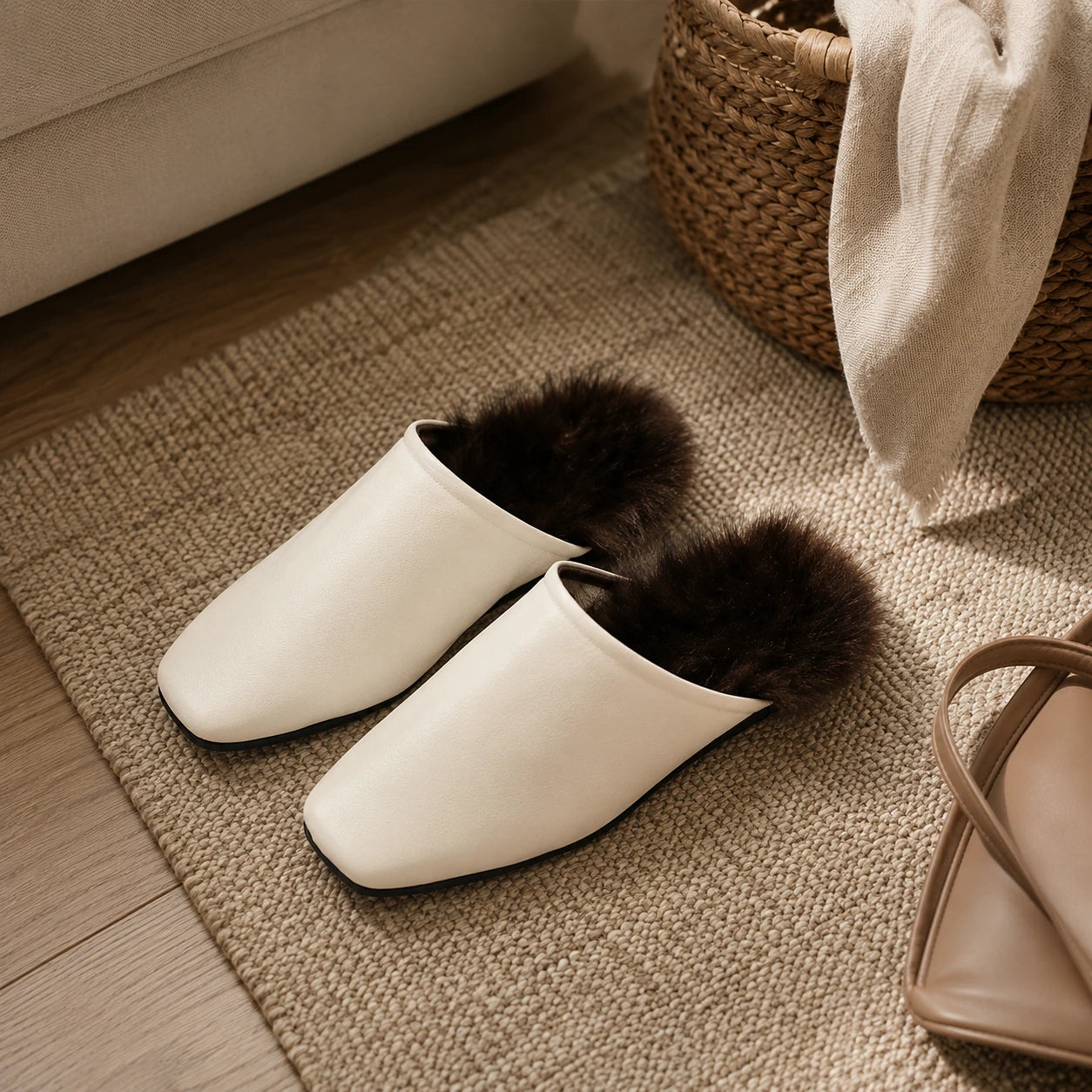 Cream mink fur-trim mule slippers styled on a natural woven rug