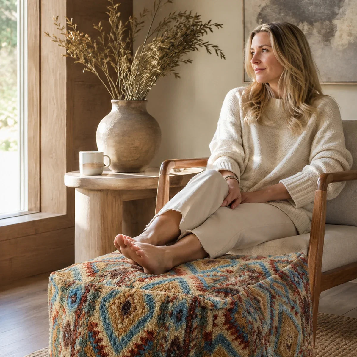 Woman seated beside a Fair Isle floor cushion in a natural interior