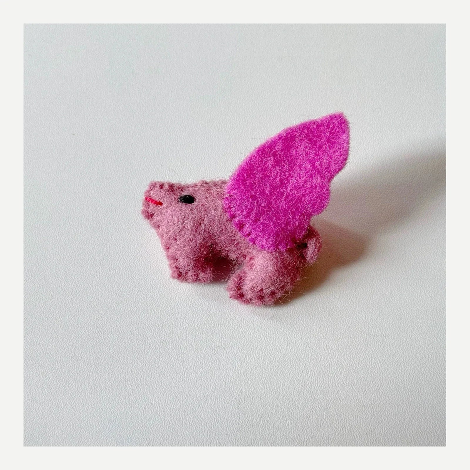 Pink flying pig handmade wool felt brooch