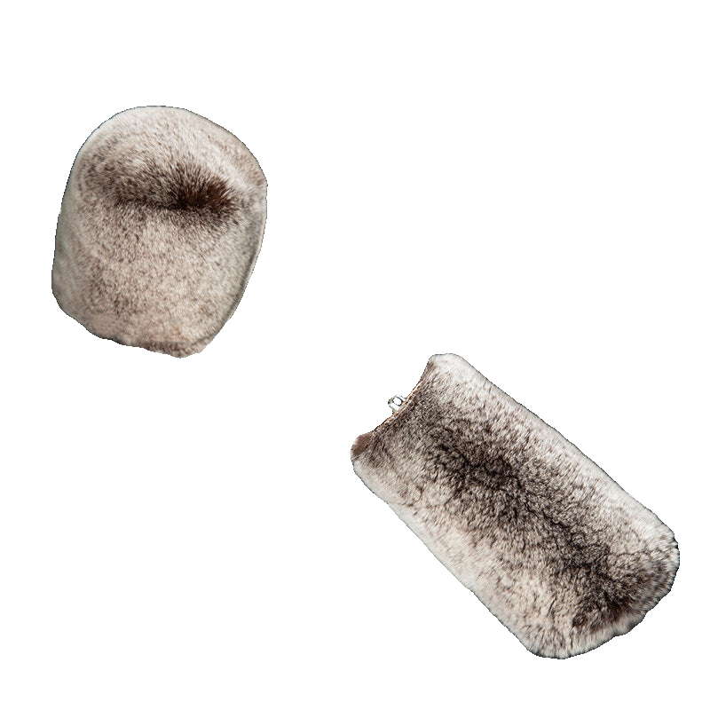 Frosted Taupe genuine Rex rabbit fur gear shift and handbrake cover set on transparent background