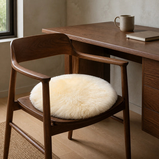 Ivory genuine long-wool sheepskin round chair pad on a walnut home office chair