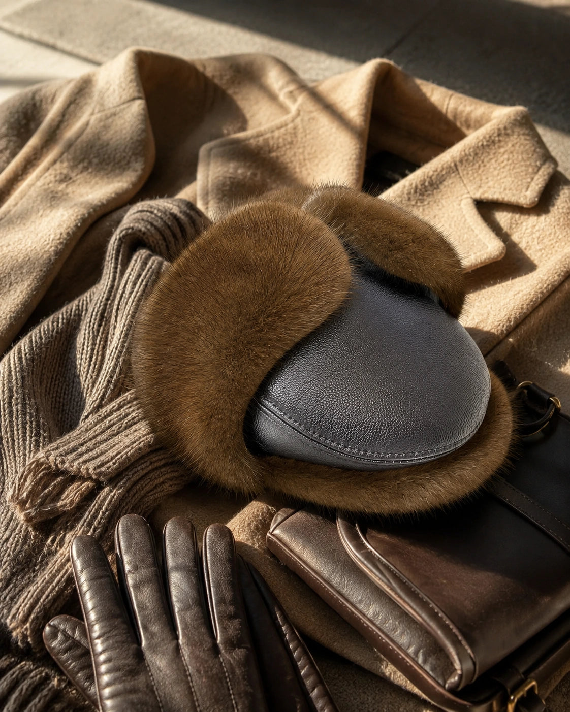 Mocha Brown leather-and-fur ear-flap cap styled with neutral winter accessories