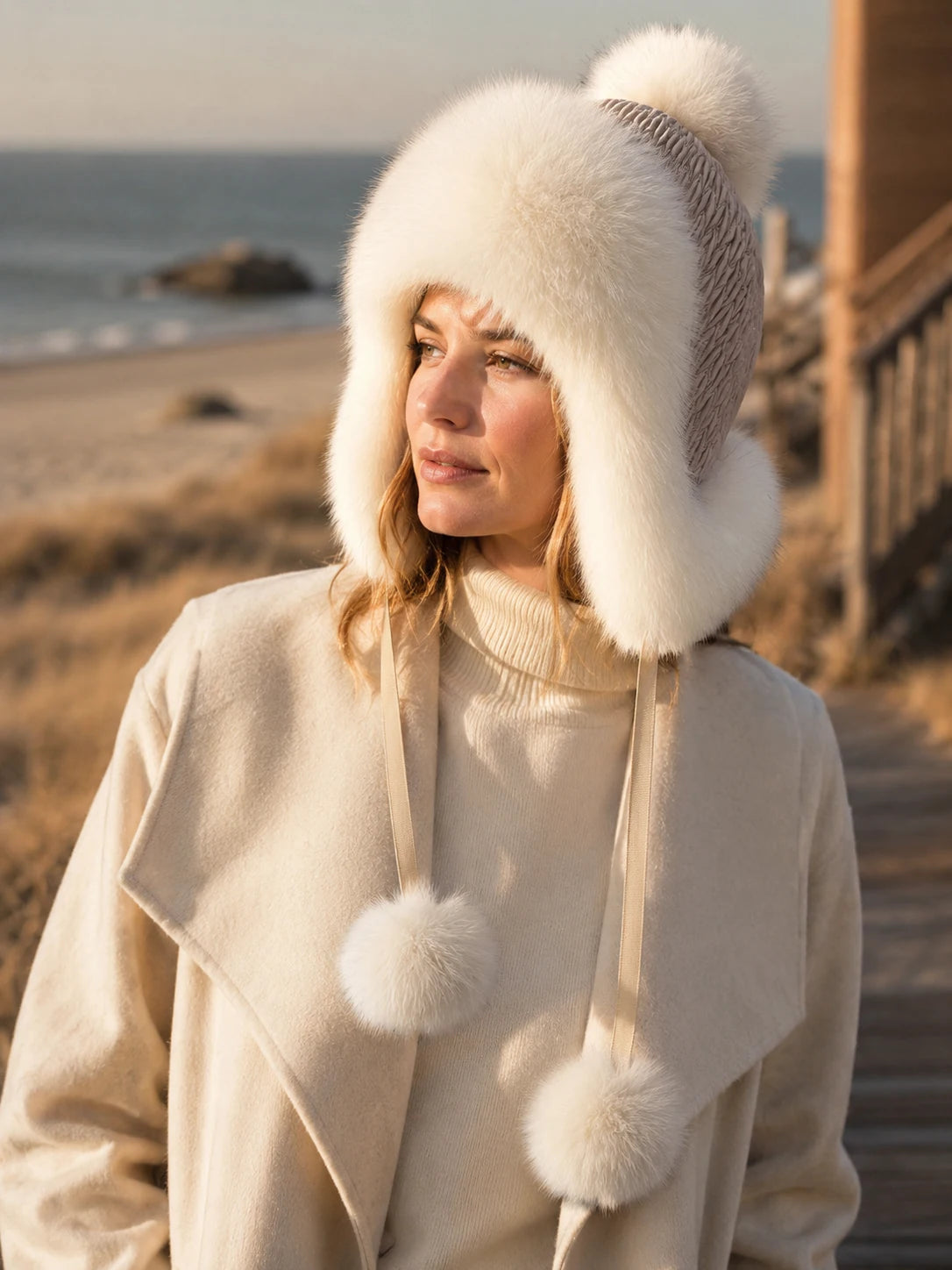 Ivory White genuine fox fur earflap hat worn outdoors in cold coastal light
