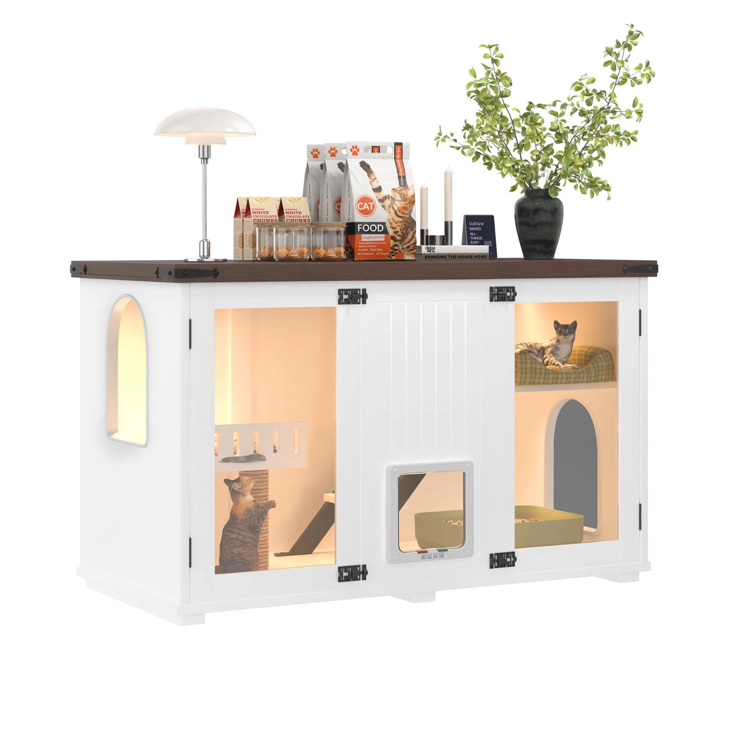 47.25' Large Cat Litter Box Enclosure with LED Light, Hidden Litter Box Furniture, Cat House with Stairs and Cat Scratching Post, Cat Cabinet Side – view 11