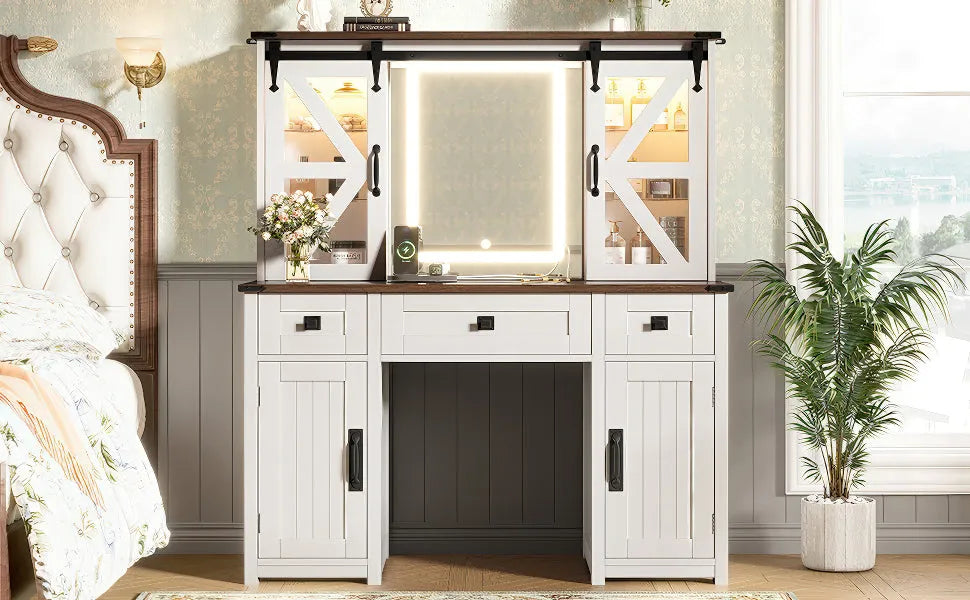 (Stool NOT Included) 43.3' Farmhouse Makeup Vanity Desk with Lighted Mirror, Vanity Table with Charging Station, Dressing Table with Sliding Barn – view 11