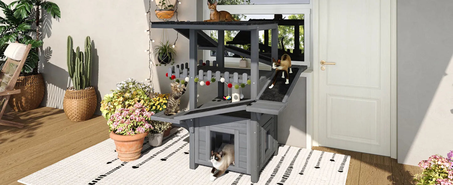 4 Tiers Outdoor Cat House Weatherproof Cat Tree Tower with Waterproof Roof and 2 Doors , Feral Cat Shelter Outside Enclosure, Multi-Level Play Zones – view 11