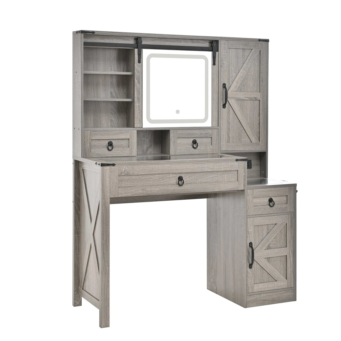 Farmhouse Vanity Desk with Sliding Mirror and Lights, Vanity Set with Glass Top and Charging Station ,Dressing Table with 4 Drawers and 2 Cabinets – view 11