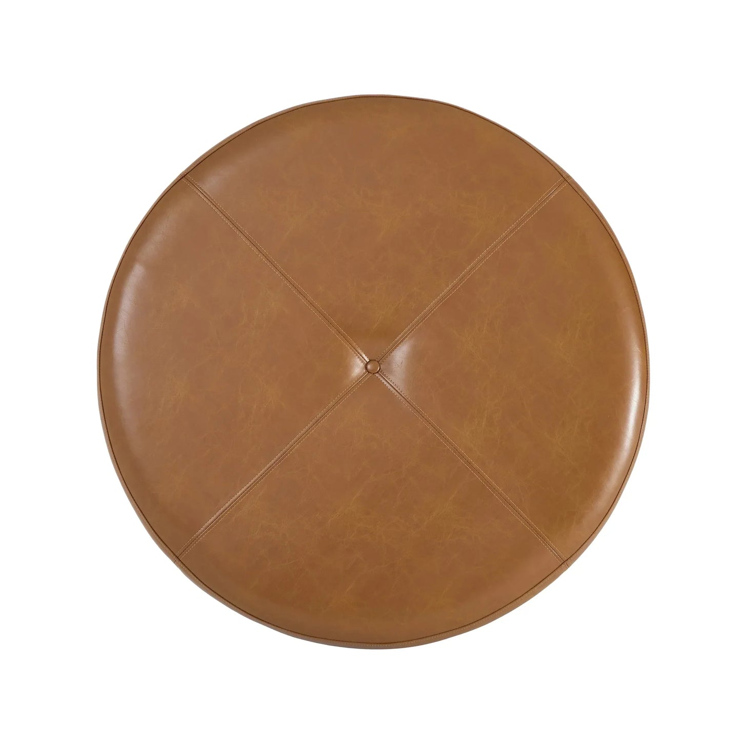 Round Leather Ottoman Coffee Table with Solid Wood Base, Tufted Faux Leather Upholstered Footrest, Brown Top with Walnut Finish Legs – view 11