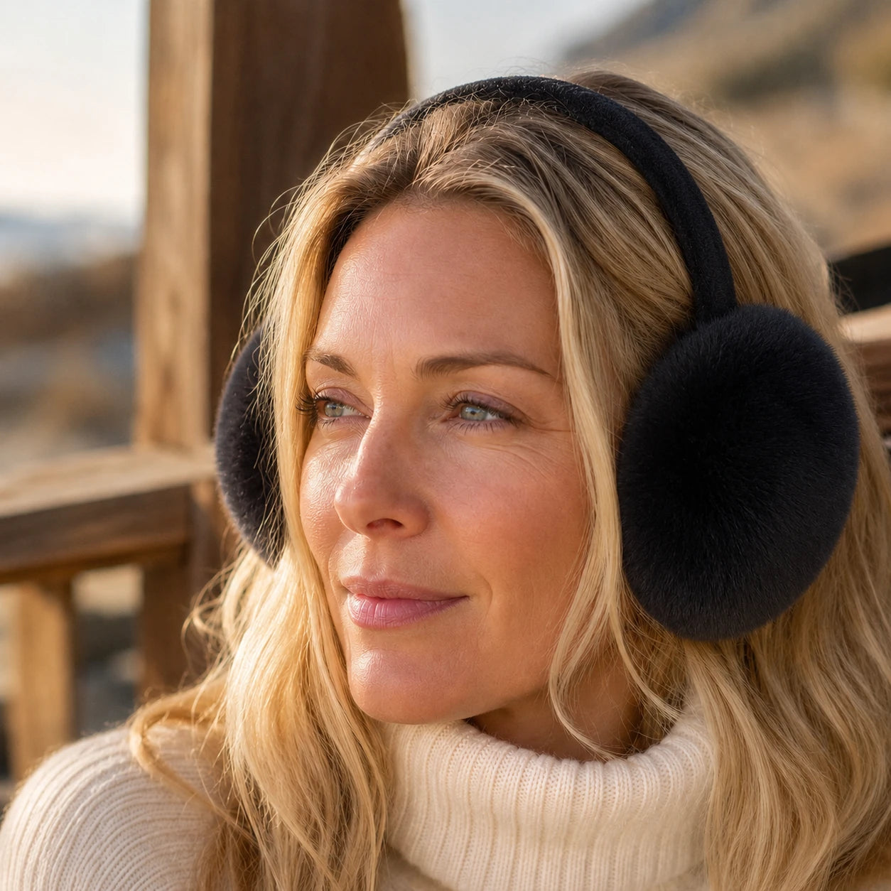 Natural Black genuine Rex rabbit fur earmuffs worn by a woman
