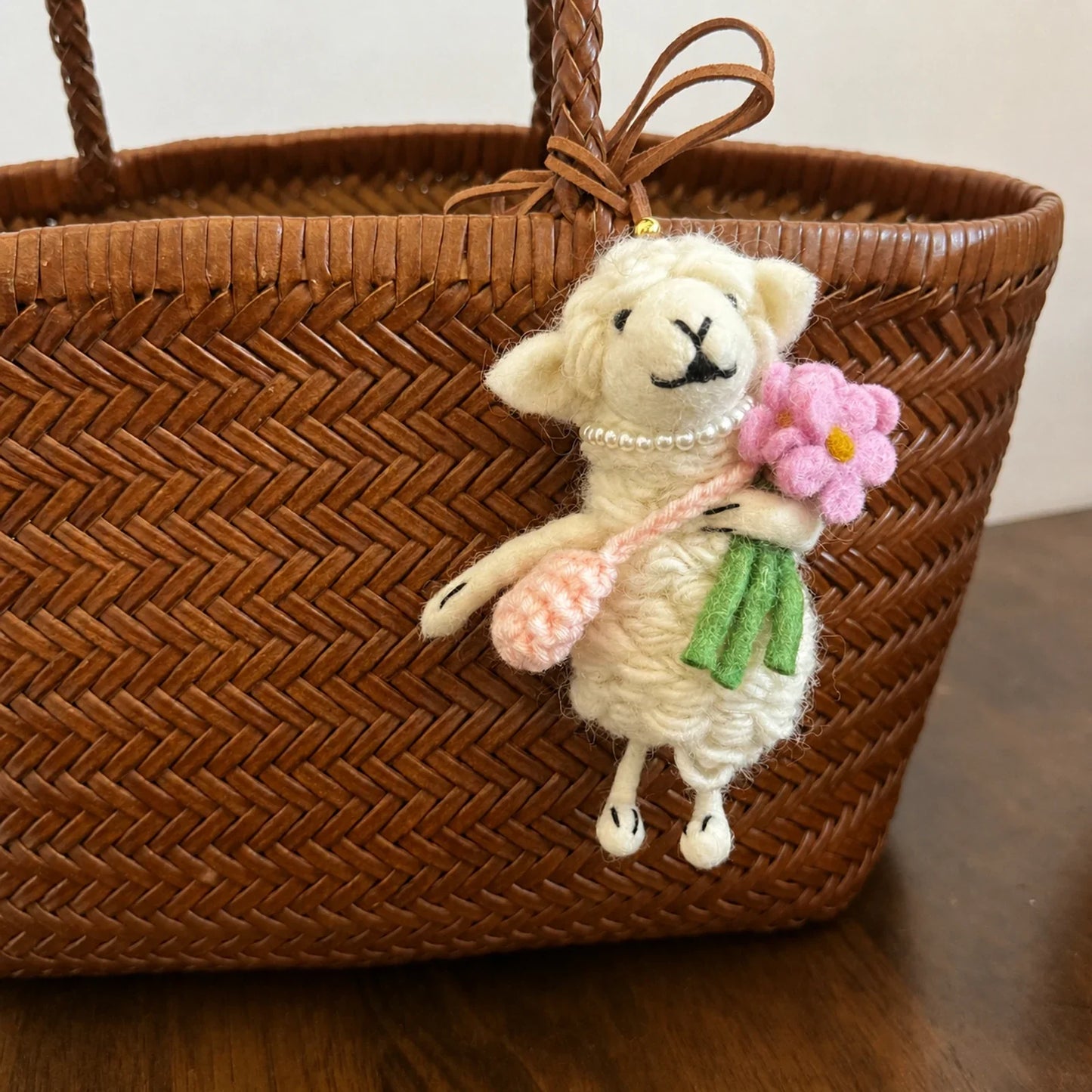 Handmade wool felt sheep bag charm – pink flower white sheep