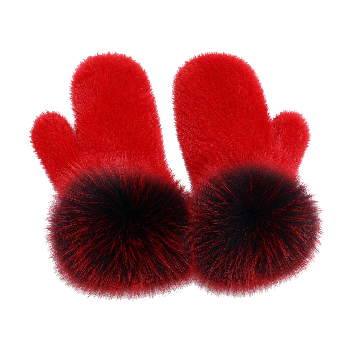 Scarlet Red genuine mink fur mittens with oversized fox fur cuffs on transparent background