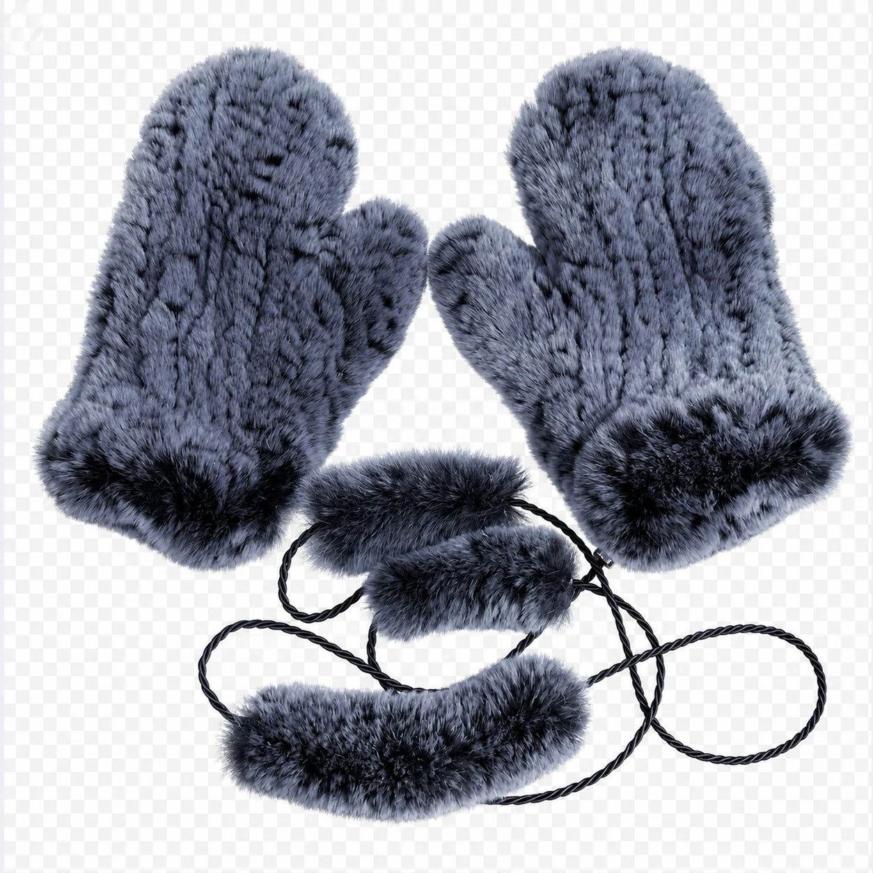 Slate Blue genuine Rex rabbit fur knit mittens, product view