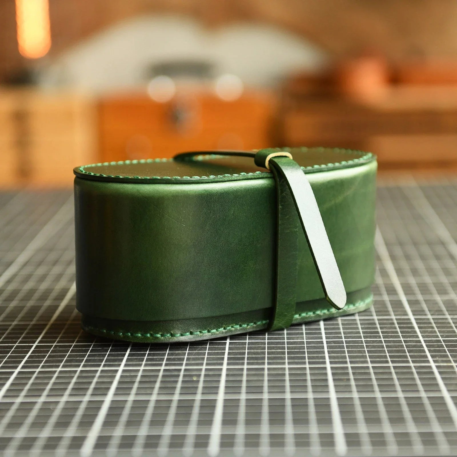 Small forest green leather tea set travel case