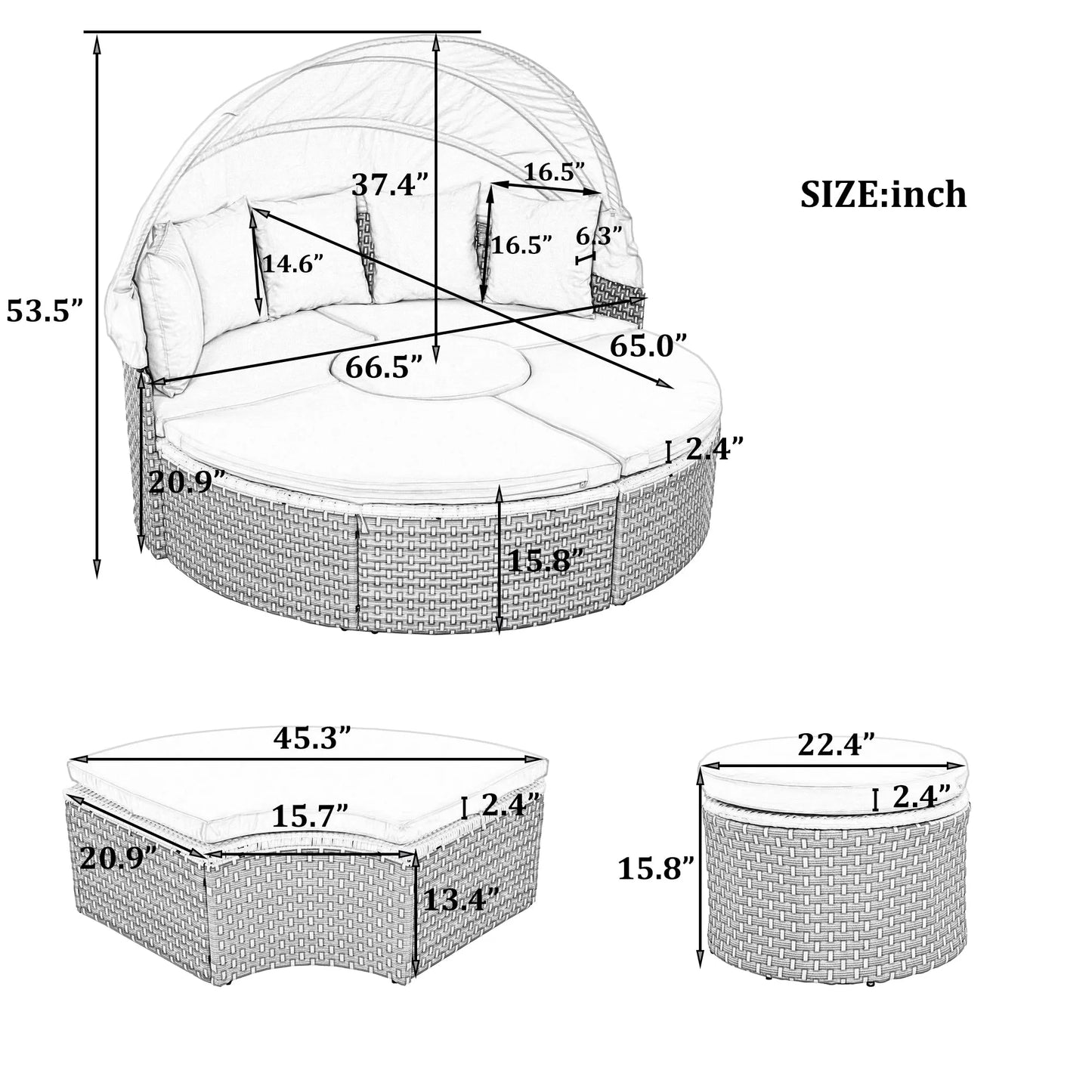 Patio Furniture Round Outdoor Sectional Sofa Set Rattan Daybed Two-Tone Weave Sunbed with Retractable Canopy, Separate Seating and Removable Cushion – view 11