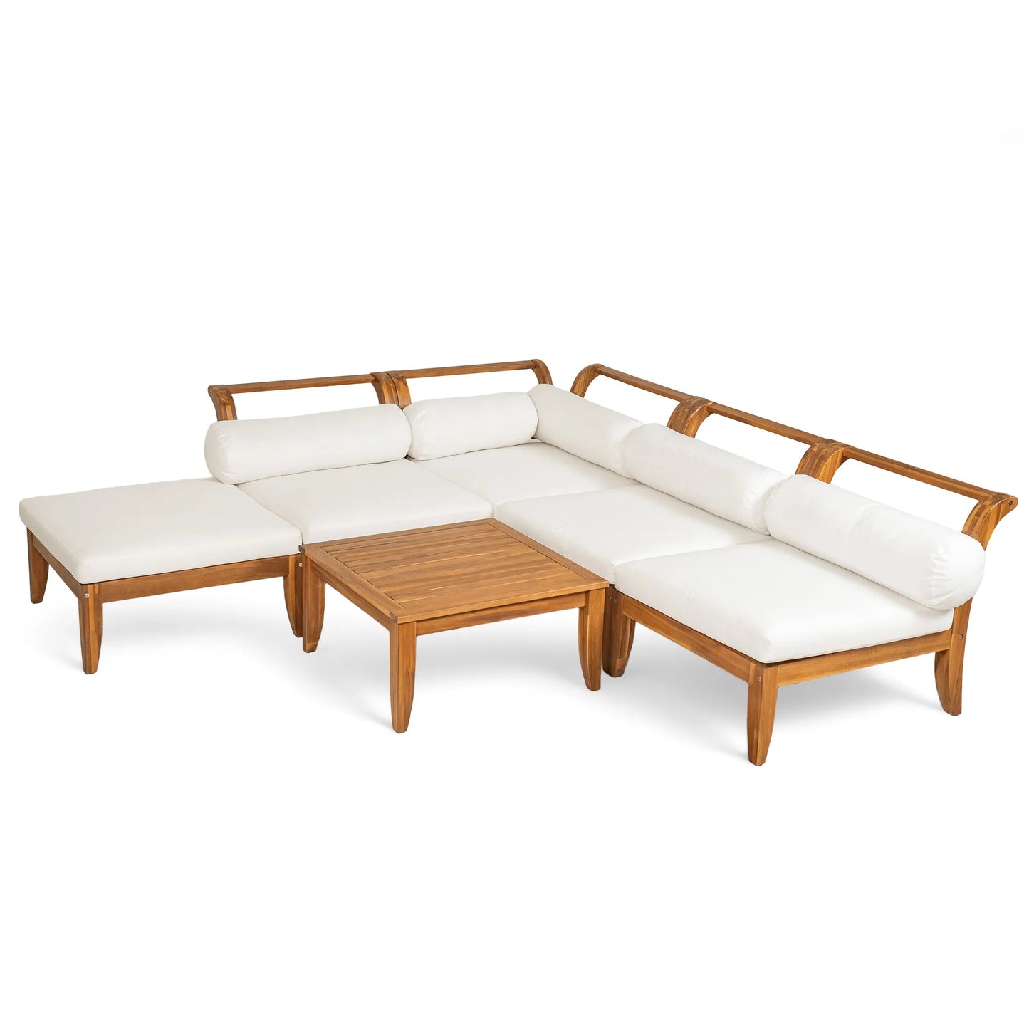 6 Piece Patio Sofa Set, Acacia Wood Outdoor Modular Sectional Garden Furniture Set L-Shaped Conversation Set, Convertible Daybed with Tea Table – view 11