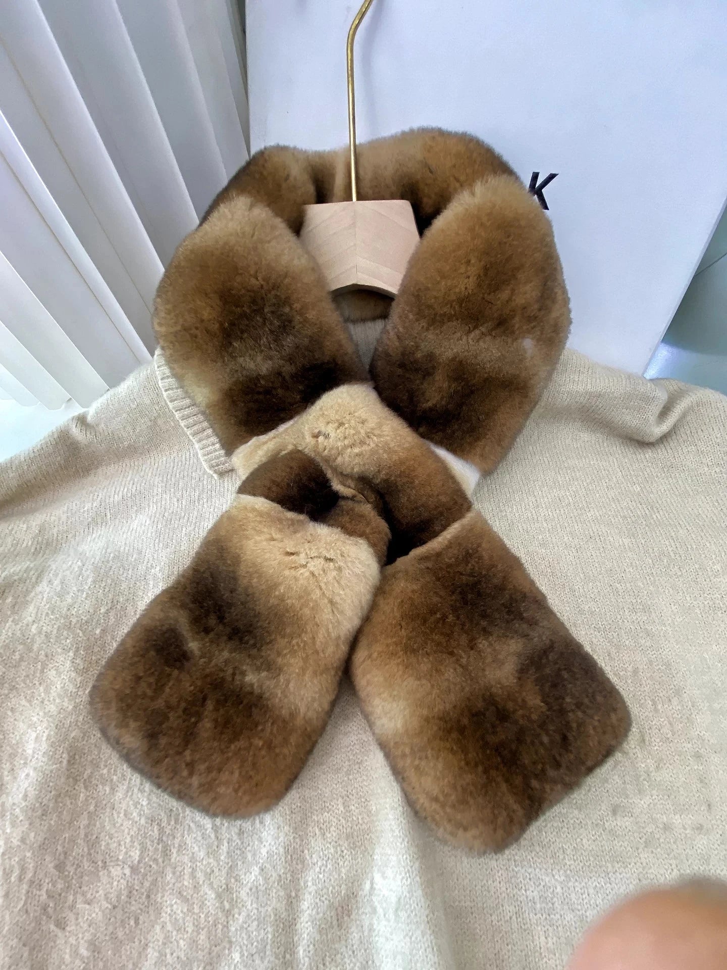 Amber gradient Rex rabbit fur crossover scarf styled for cold weather