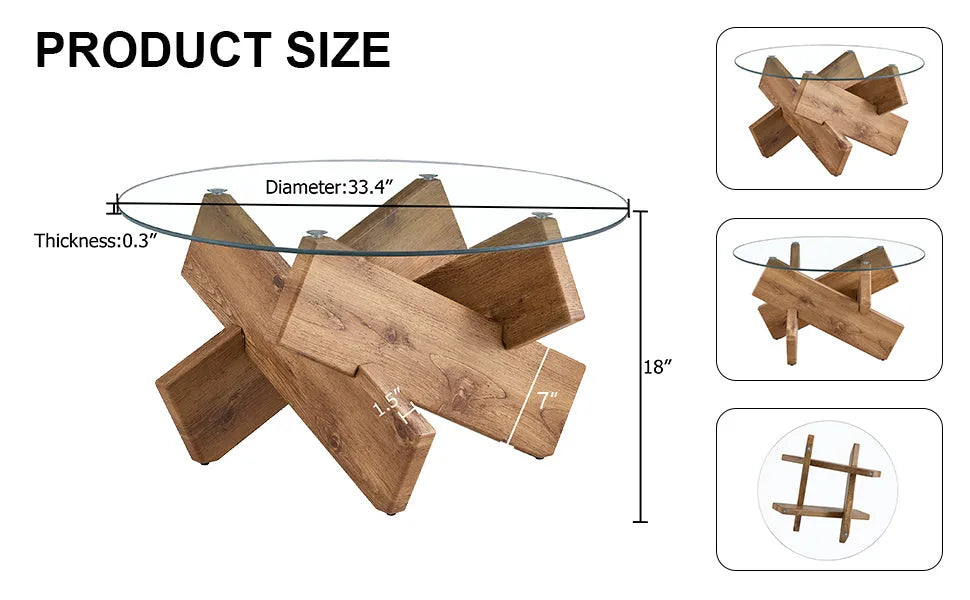 Circular glass coffee table, 33.4-inch modern and distinctive design tea table. Tempered glass countertop, wood colored MDF table legs. Suitable for – view 11