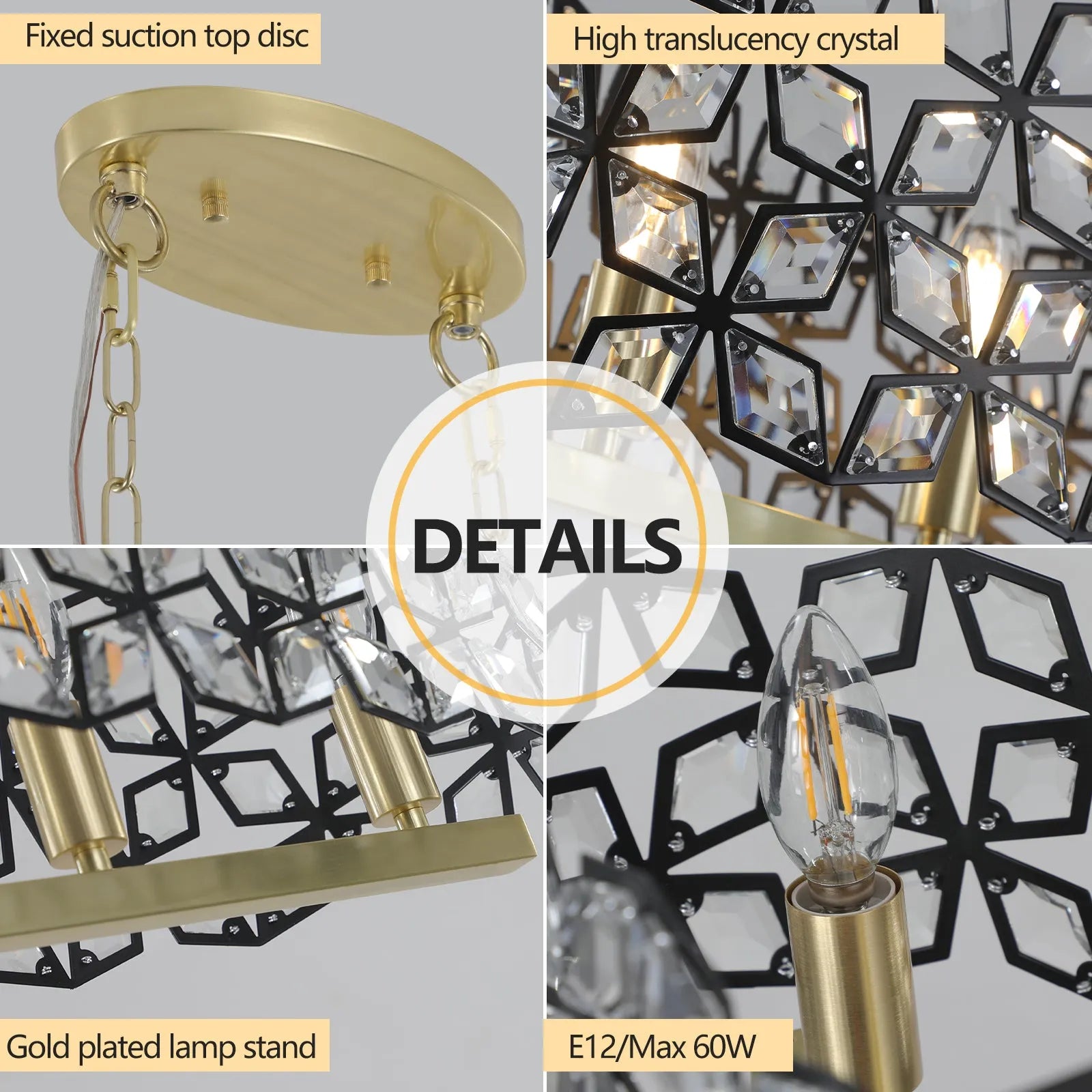 39' Contemporary Crystal and BlackGold Pendant Chandelier – Geometric Modern Light Fixture for Dining Room, Kitchen, or Living Room (Bulb Not – view 11
