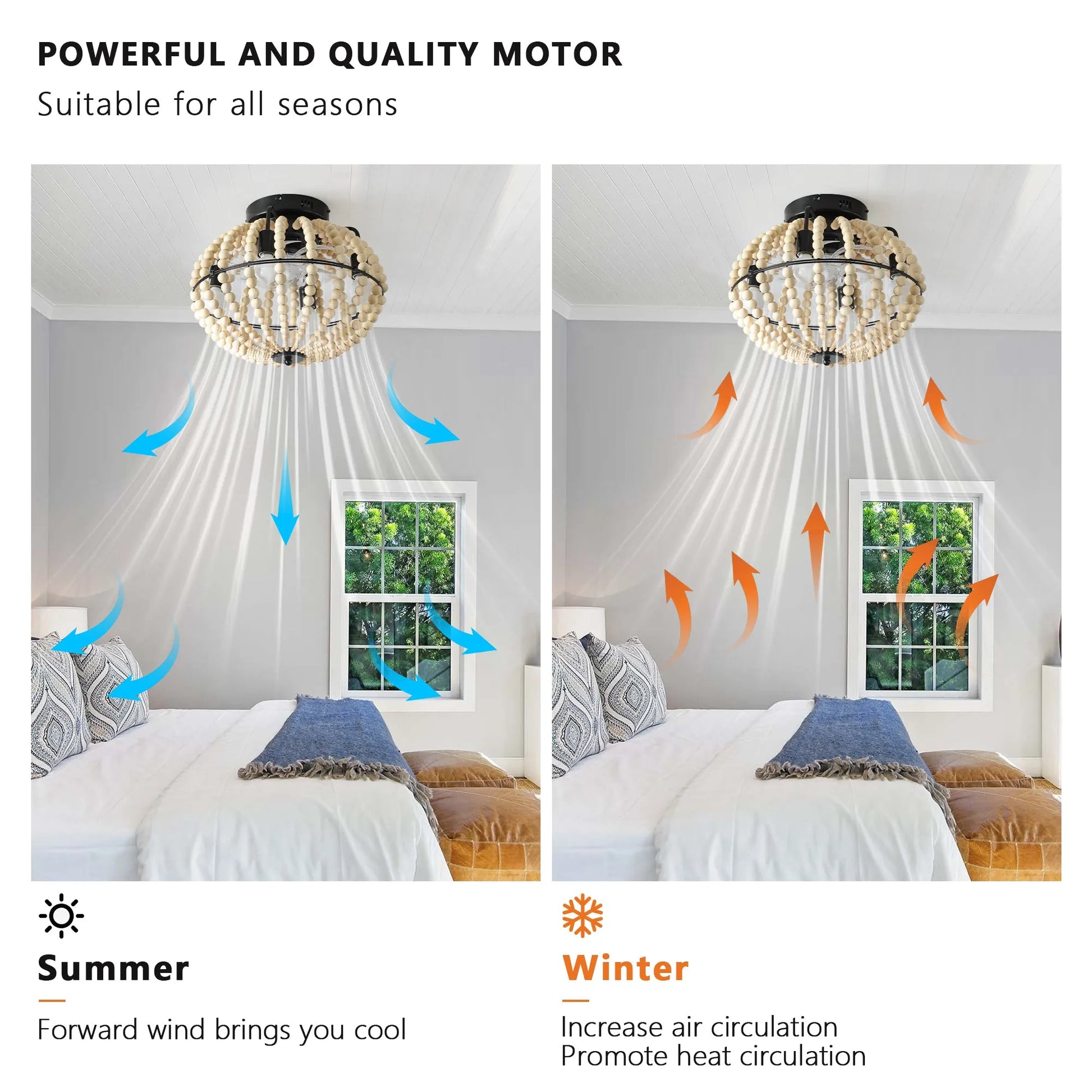 18' Bohemian Wood Beaded Ceiling Fan with Light, Flush Mount Caged Ceiling Fan, Rustic Farmhouse Low Profile Fan Light Fixture for Indoor Home Decor – view 11