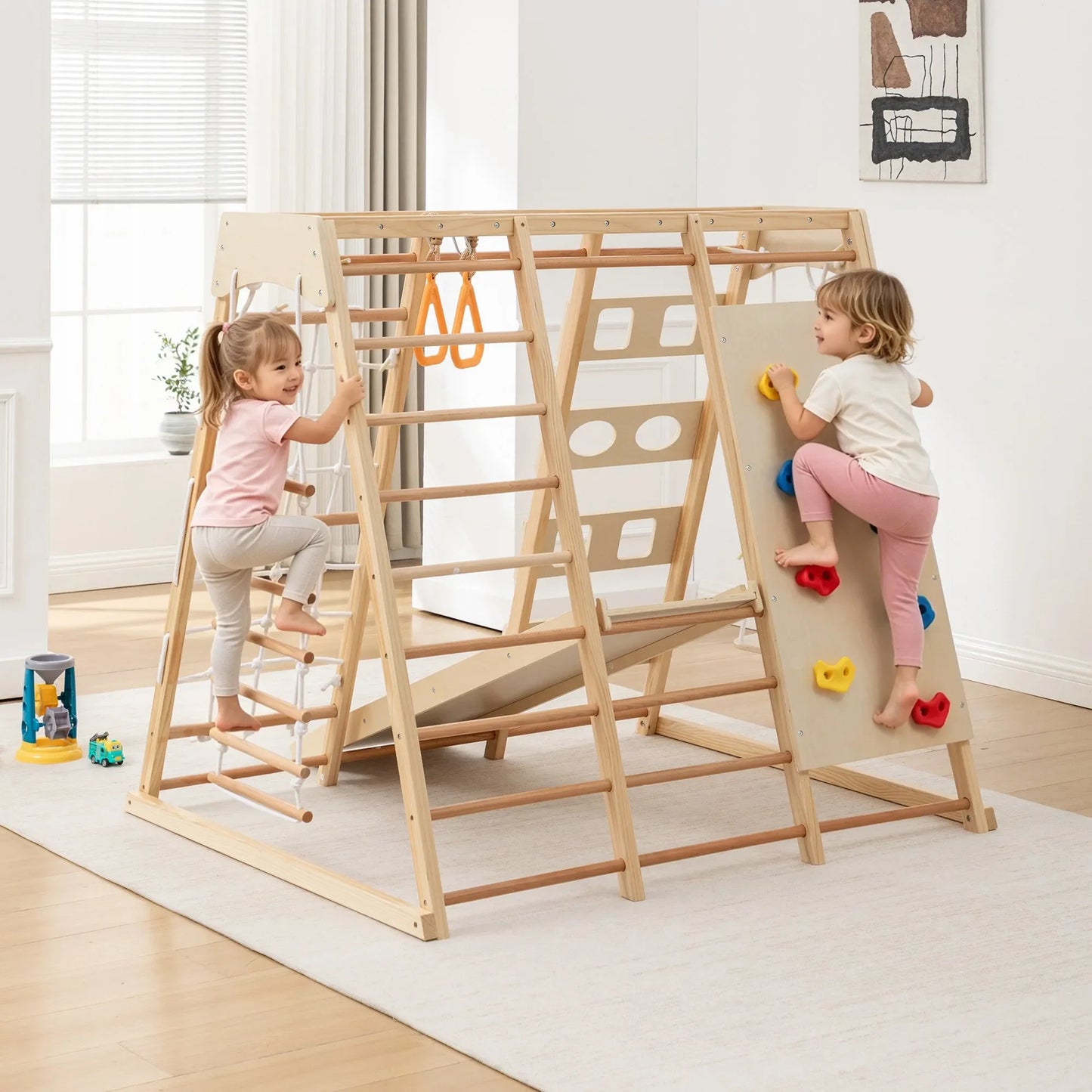 9-in-1 Slide and Climbing Wall for Toddlers 3+, Wooden Indoor Play Structure, Heavy Duty 176 lbs Capacity, Safe Rounded Edge Natural Wood, Balance & – view 11