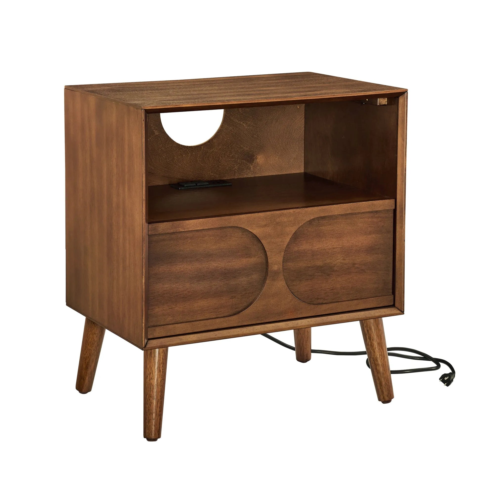 Mid Century Modern Fluted Nightstand with Charging Station USB Ports & Outlet Hole & 4 Solid Wood Legs, Farmhouse End Table with Open Space and – view 11