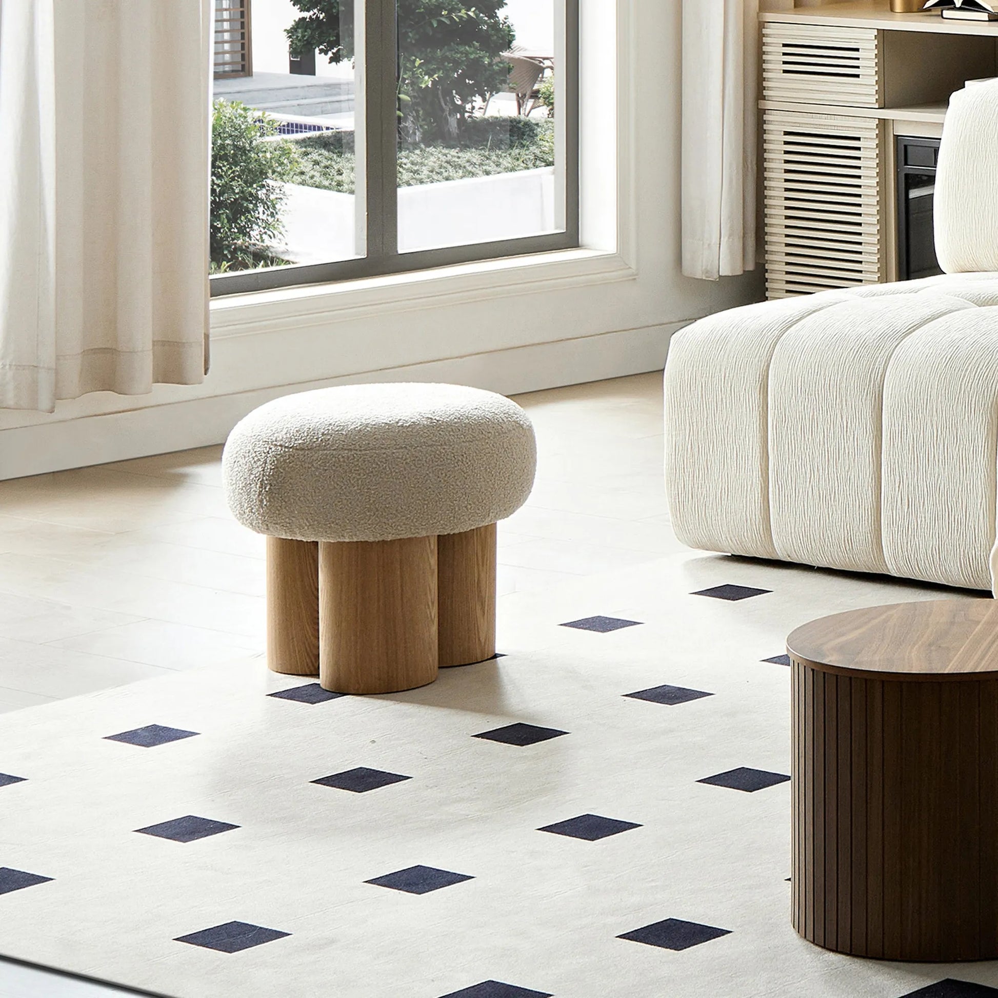 Mushroom Stool with Greige Plush Cushion, Wooden Barrel PVC Pipe, Walnut Finish – view 11