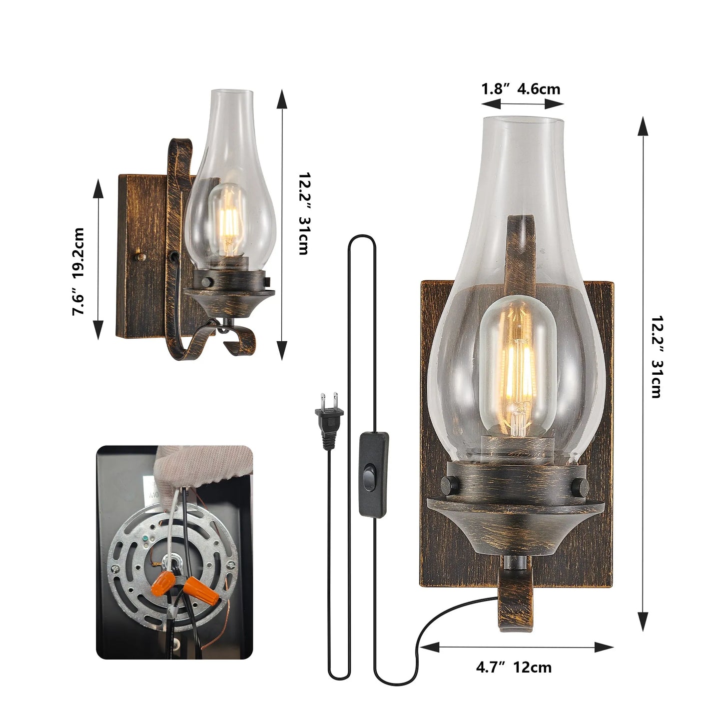 (Only Supports Hardwired) Rustic Farmhouse Wall Sconces Set of 2, Vintage Industrial Plug-in Wall Lights with Clear Glass Shade, Black and Gold – view 11