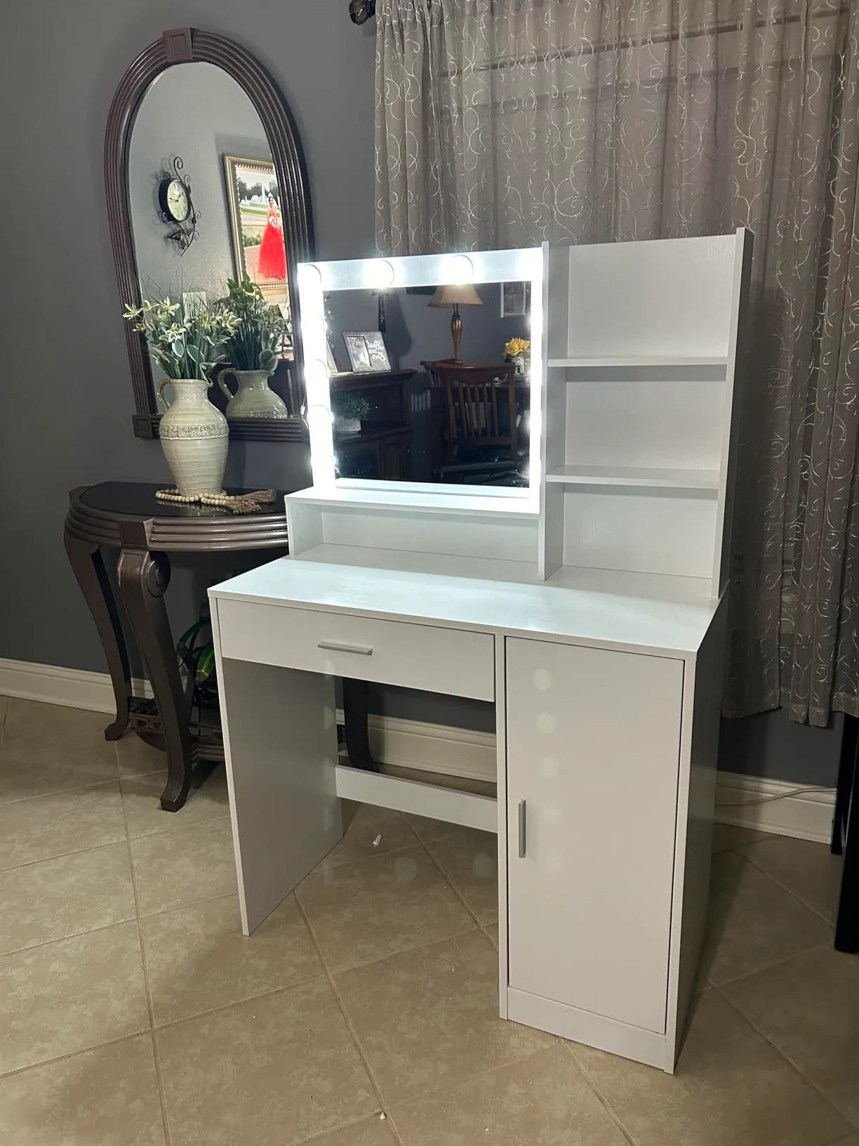 Vanity Desk with Mirror & Light, Large Drawer Three Level Storage Dresser, 3 Lighting Modes Adjustable Brightness, Bedroom Dressing Table(Pink) – view 11