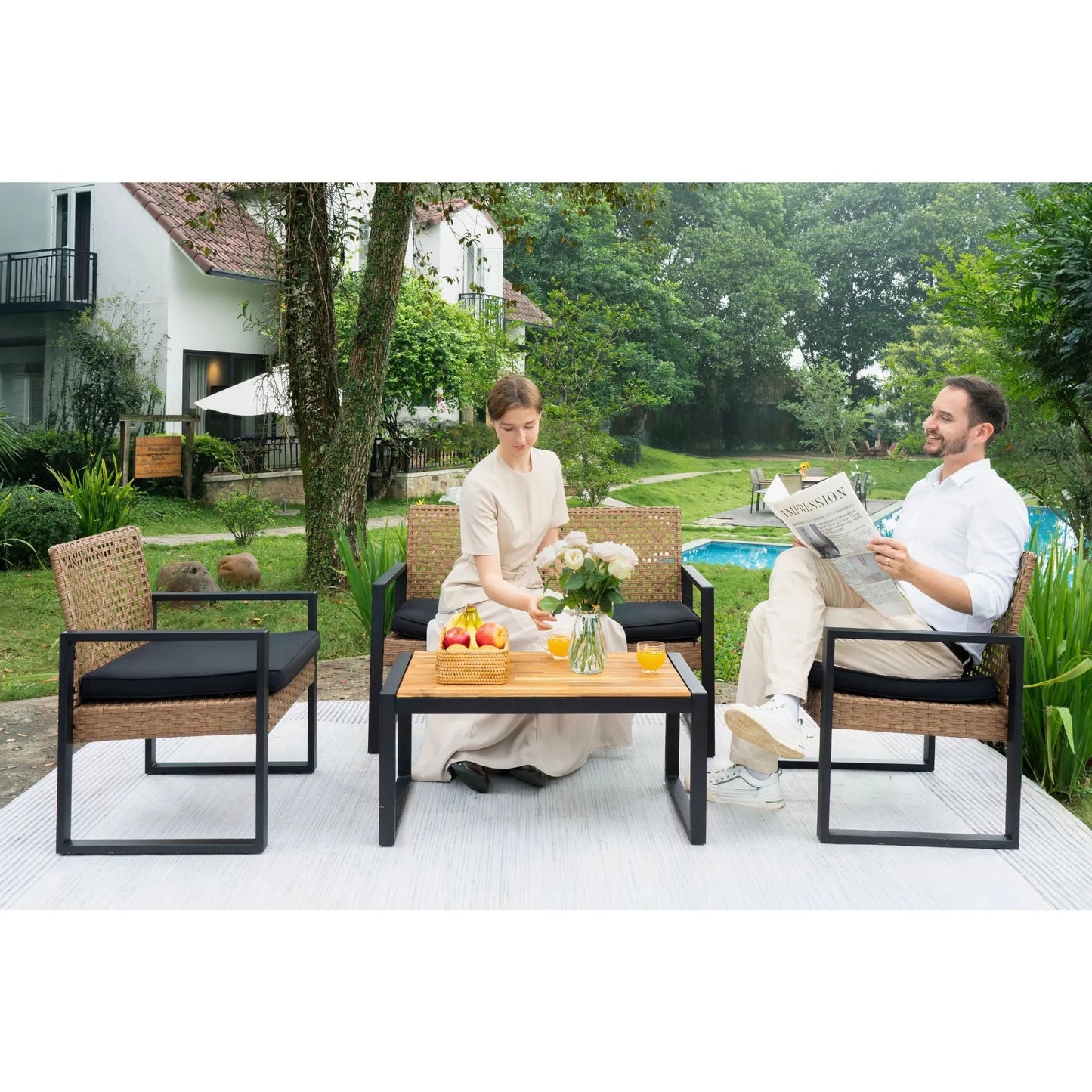 Modern Outdoor 4-Piece Patio Furniture Set with Acacia Wood Table Top, Black and Light Brown – view 11