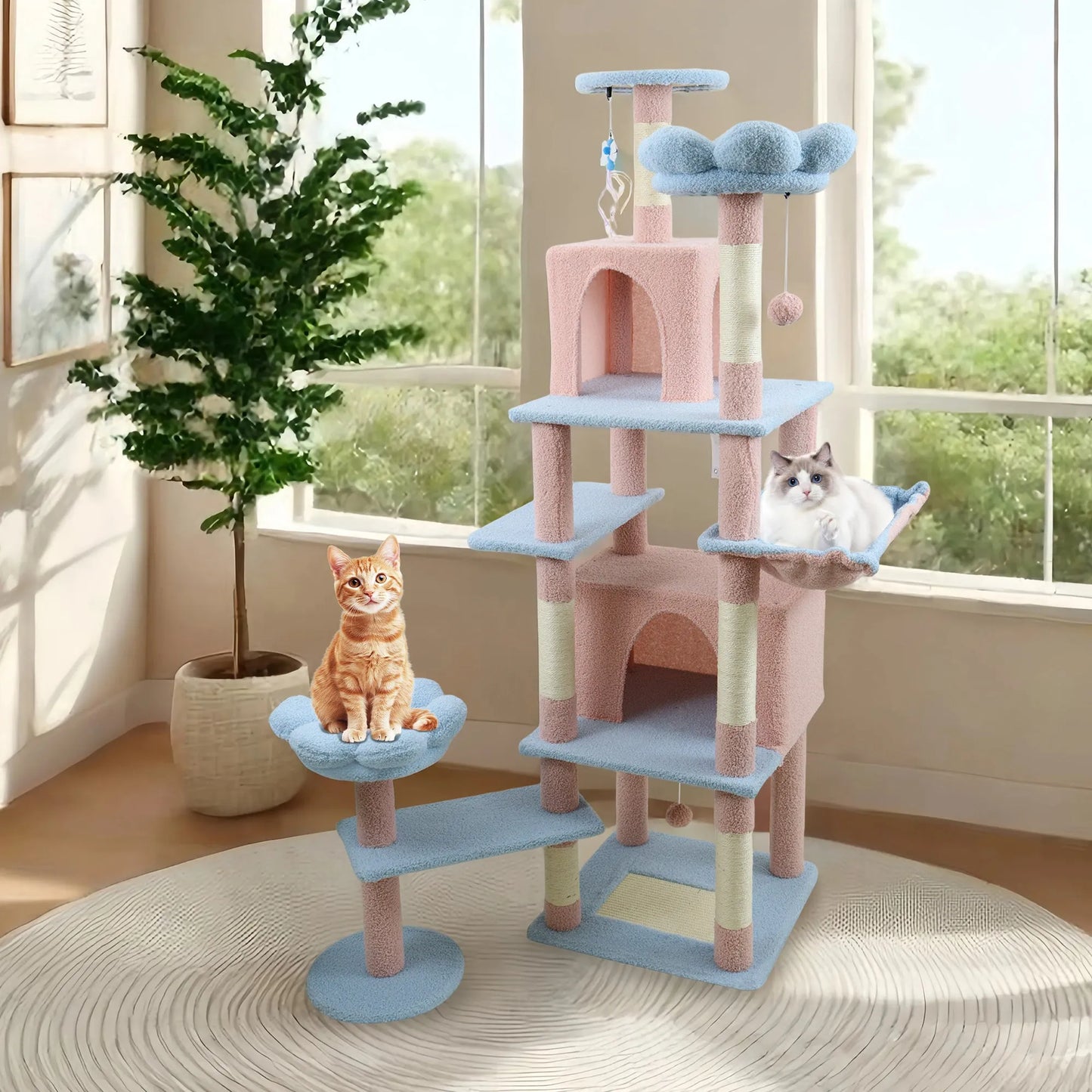 71 inch flower cat tree with large condo removable flower cushion and hammock blue – view 11