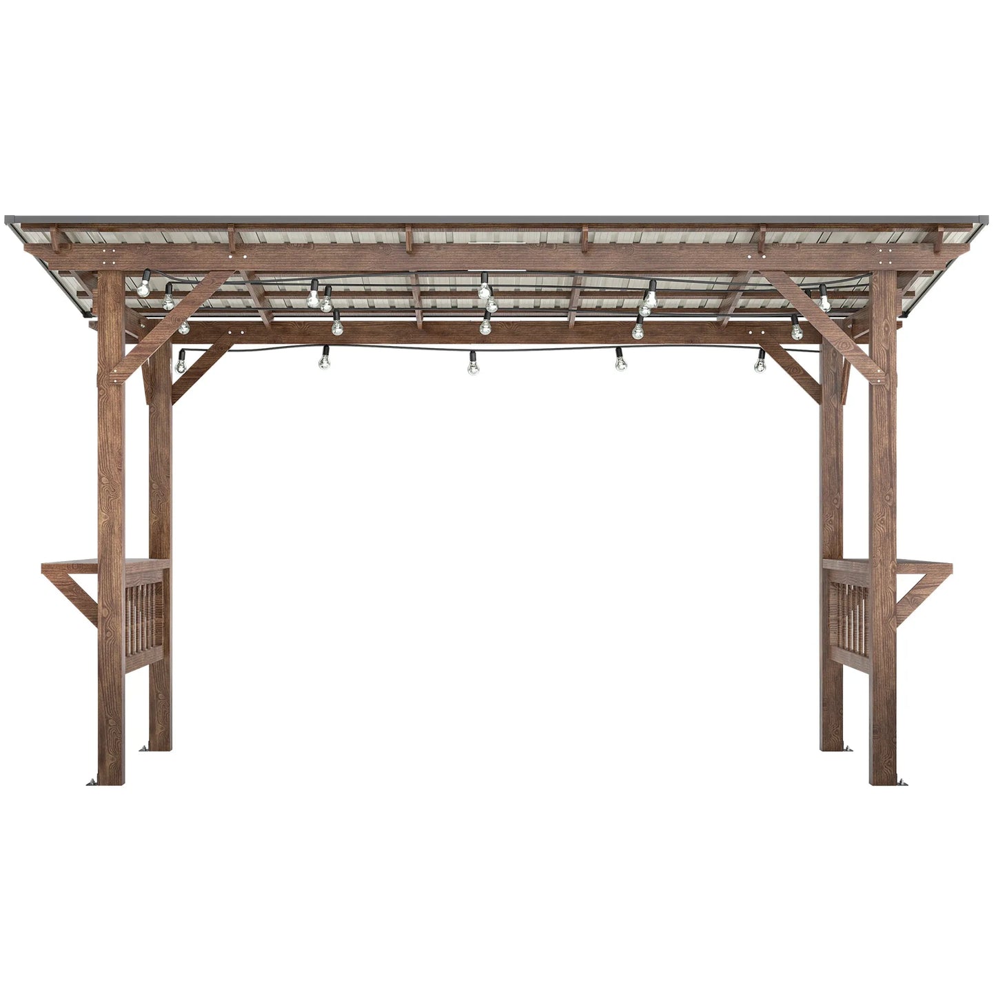 13' x 6.5' Wooden Pergola Grill Gazebo with Metal Roof & Bulbs & Bar Counters – view 11