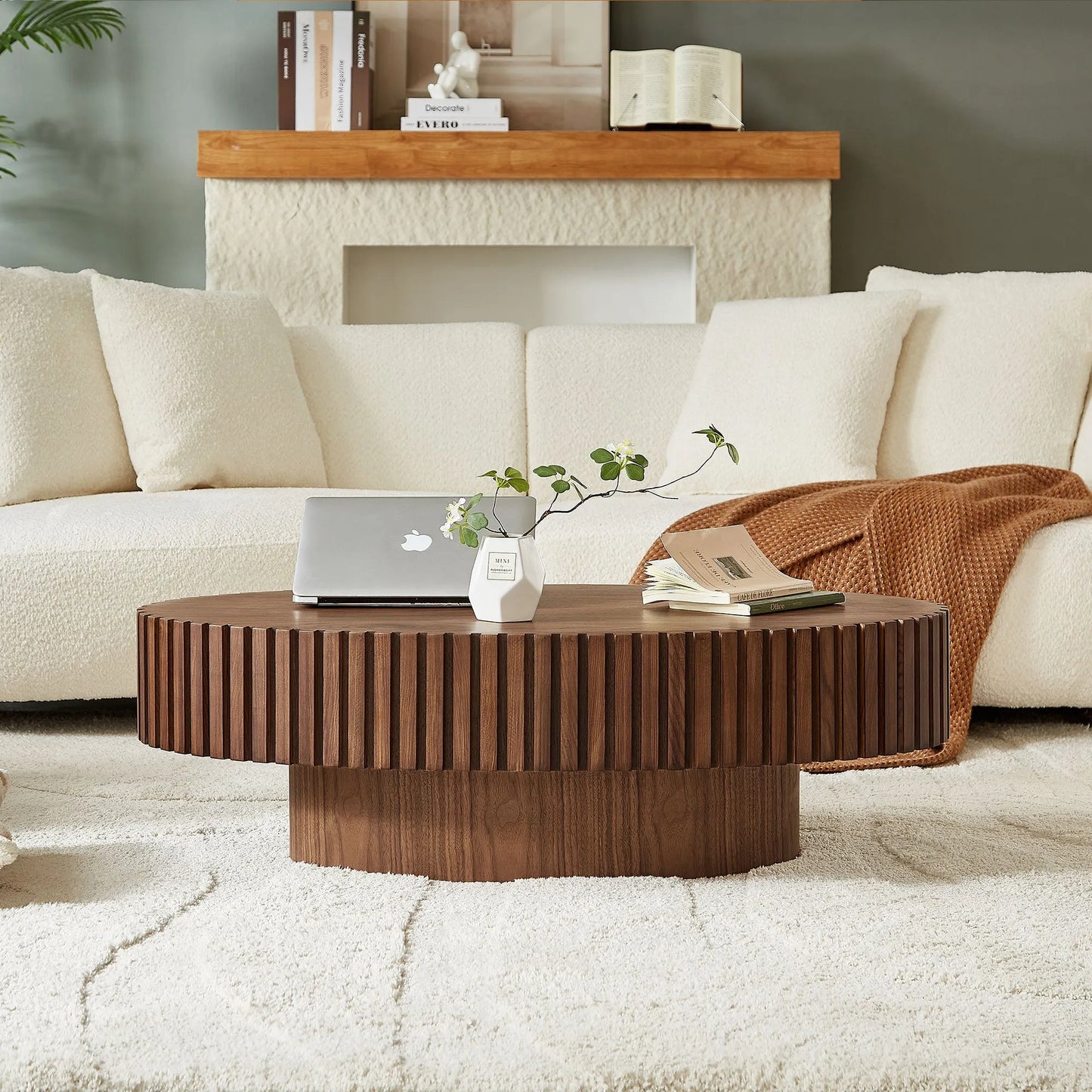 Modern Handcraft Drum Coffee Table Length 43.7 inch Ellipse Coffee Table for Living Room,Oval Small Coffee Table with Sturdy Pedestal,Walnut – view 11