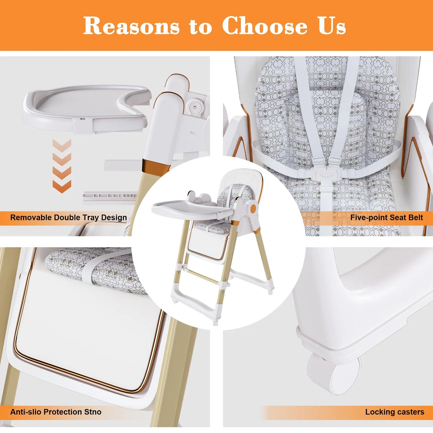 Convertible Baby High Chair to Rocker with 5-Point Harness, Foldable Infant Feeding Chair in White with Removable 2-Tier Easy-Clean Tray for 6M-3Yrs – view 11