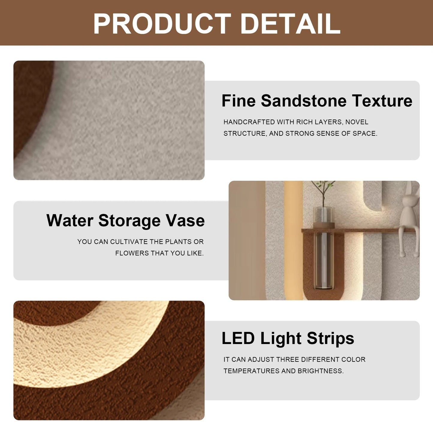 Adjustable LED Sandstone Wall Decor with Simulated Green Plants - 3D Art Sculpture, Glass Vase & Rabbit Statue, Remote Control – view 11