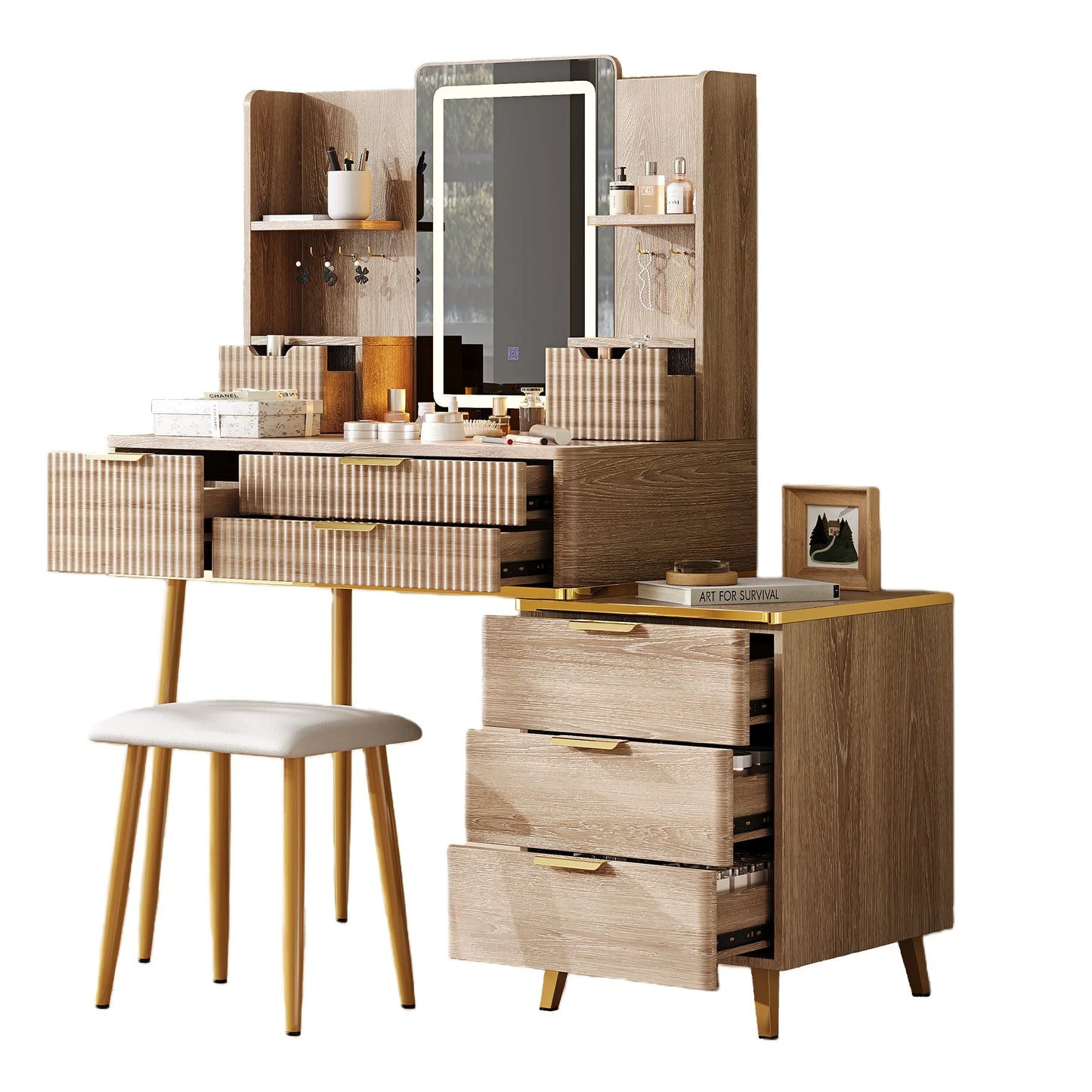 7-Drawer Vanity Desk with LED Mirror & Carved Details, Fluted Makeup Table with Metal Legs and PU Stool, Carved Dressing Table with Jewelry Storage – view 11